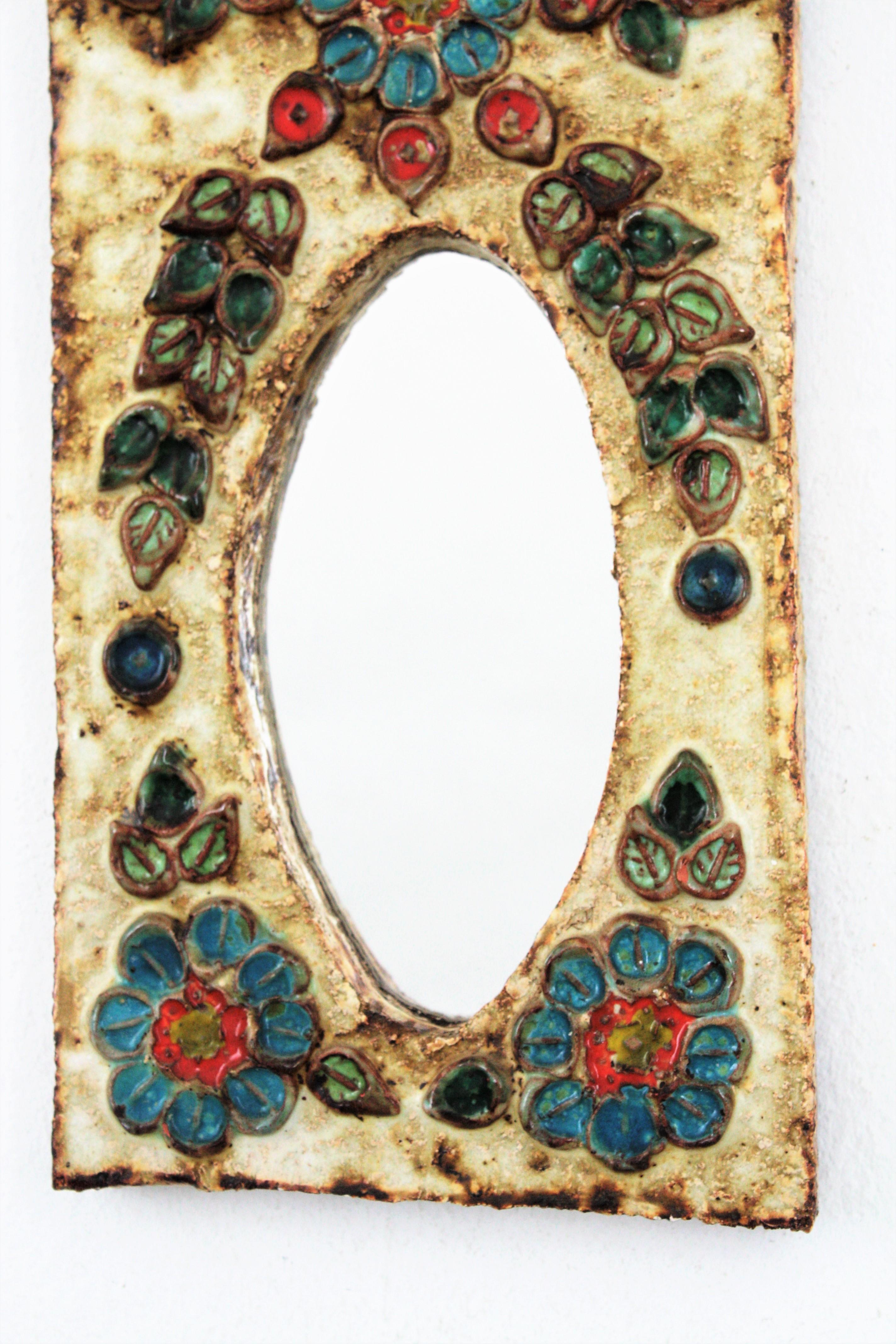 20th Century French 1960s La Roue Vallauris Ceramic Hanging Mirror with Floral Details