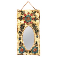French 1960s La Roue Vallauris Ceramic Hanging Mirror with Floral Details