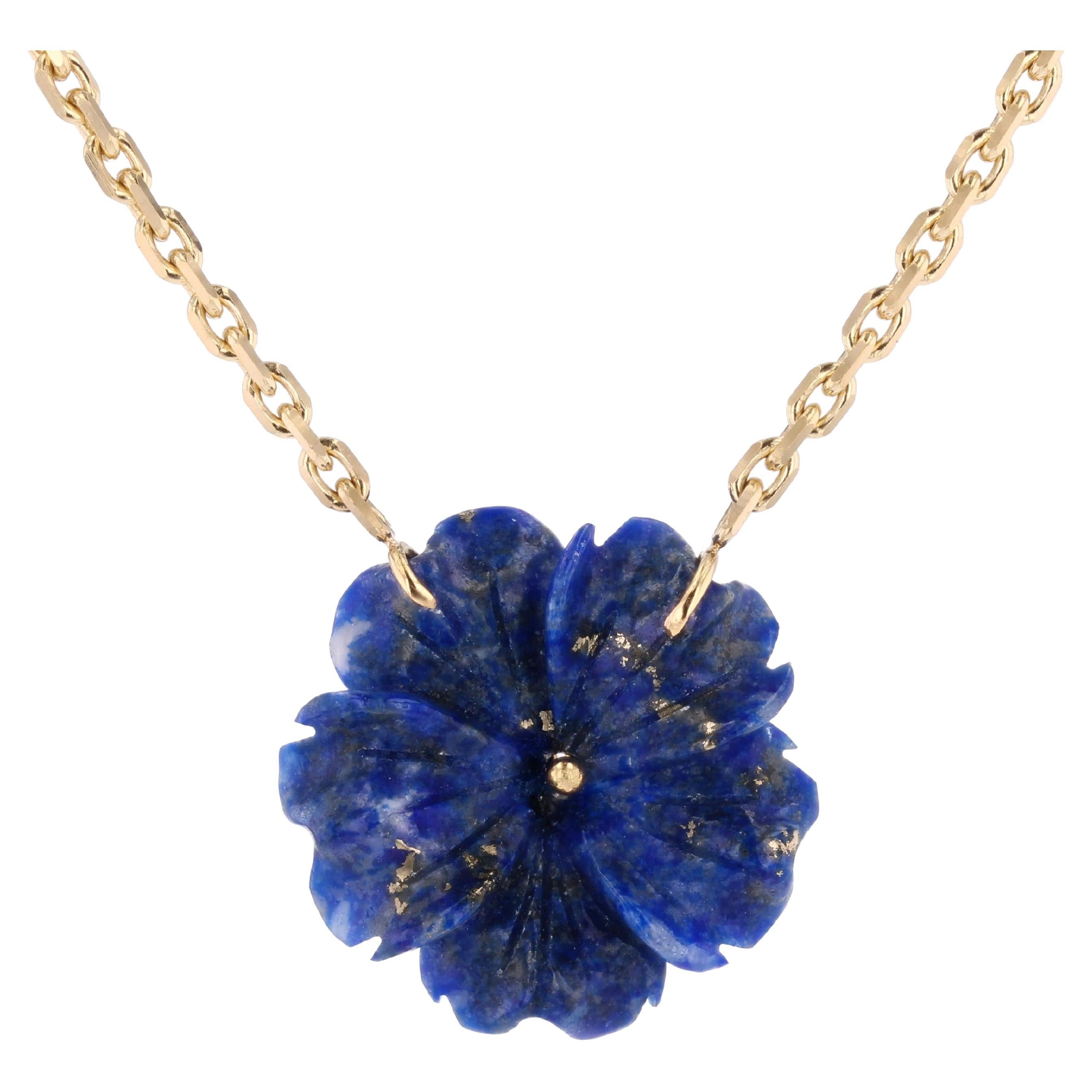 Collana francese del 1960 in oro giallo 18 carati con fiore di lapislazzuli