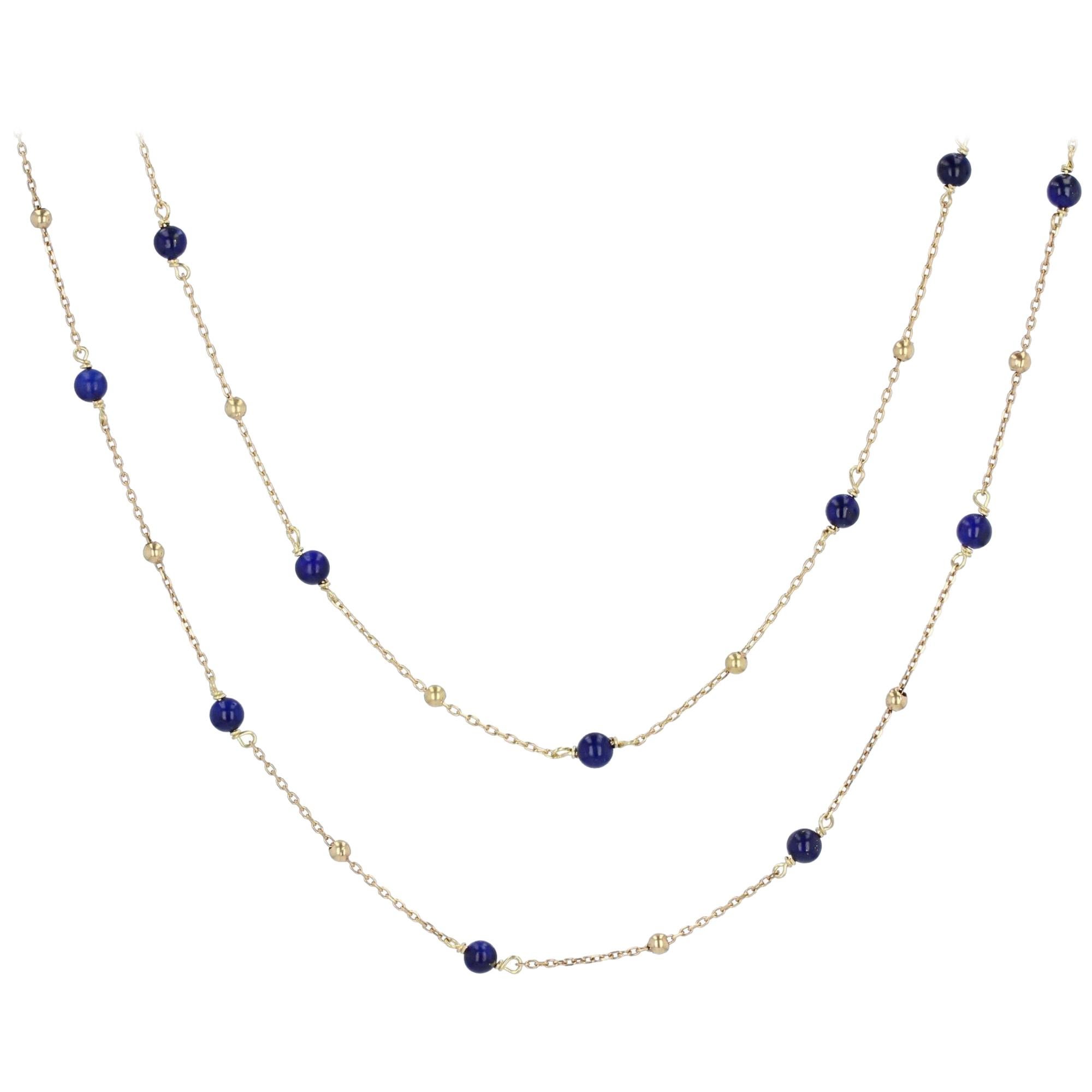 French 1960s Lapis Lazuli Pearls 18 Karat Yellow Gold Long Necklace