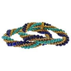 French 1960s Lapis Turquoise Gold Bracelet Set