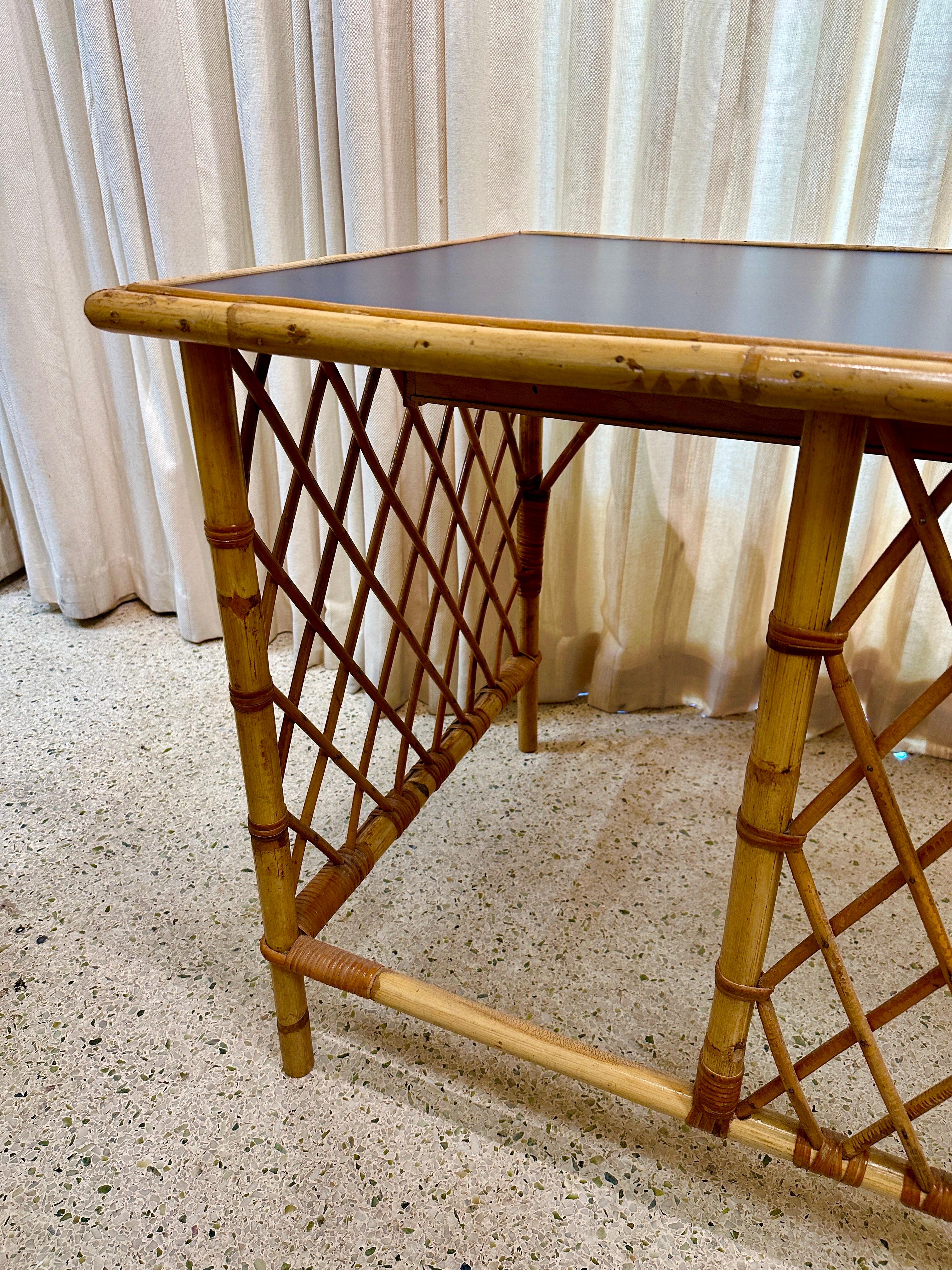 French 1960's Lattice Bamboo & Rattan Desk w/ Drawers For Sale 7