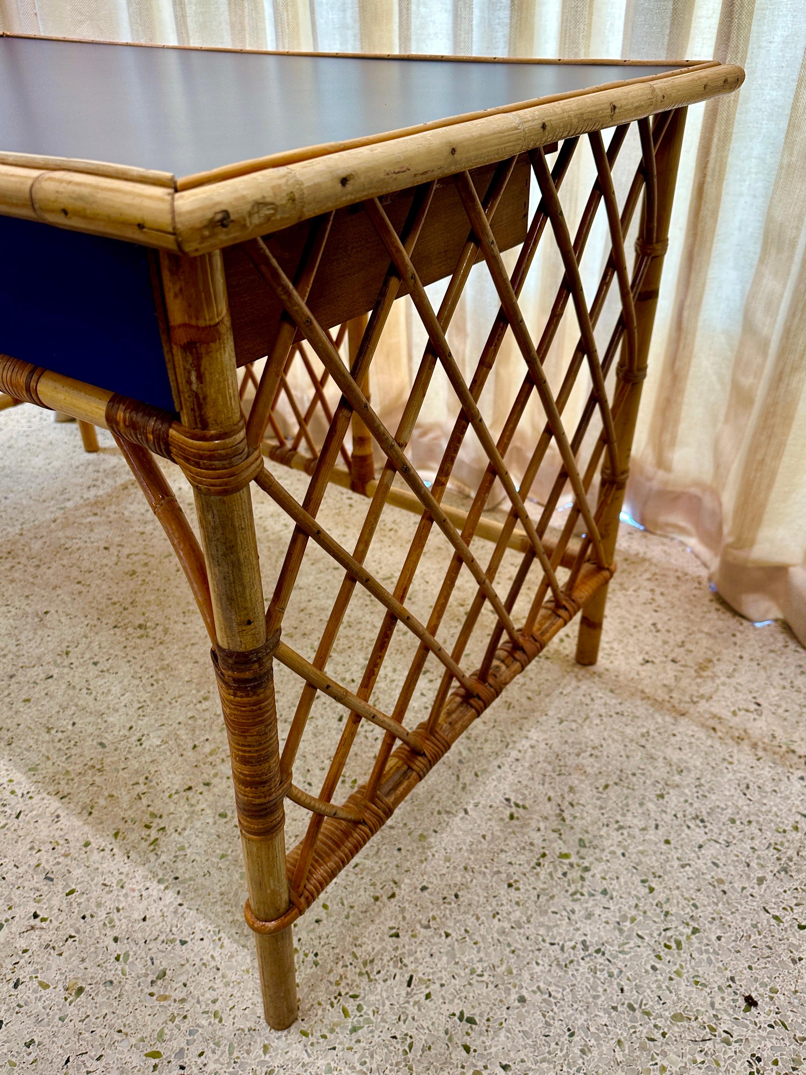 French 1960's Lattice Bamboo & Rattan Desk w/ Drawers For Sale 8