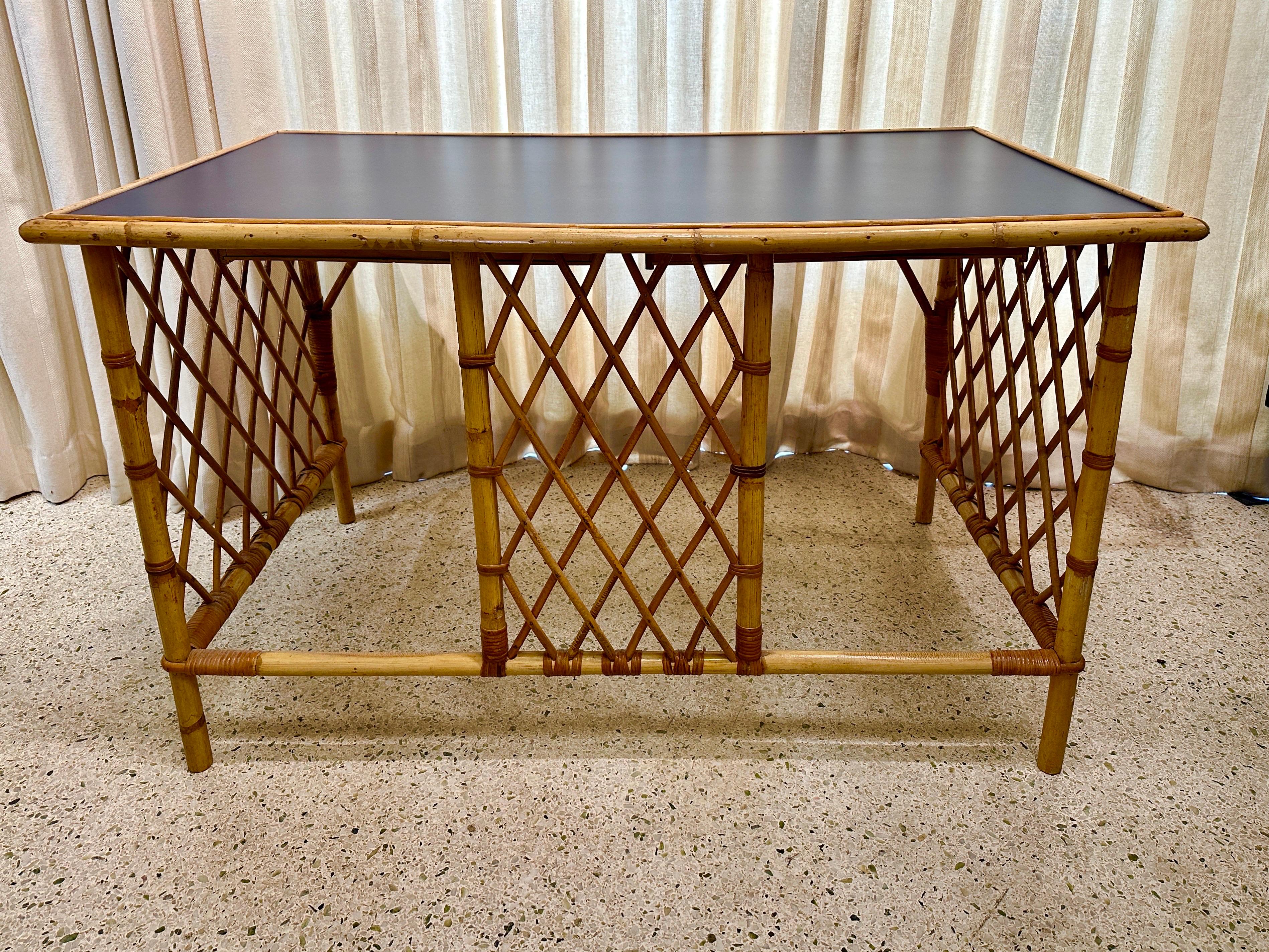 French 1960's Lattice Bamboo & Rattan Desk w/ Drawers For Sale 1