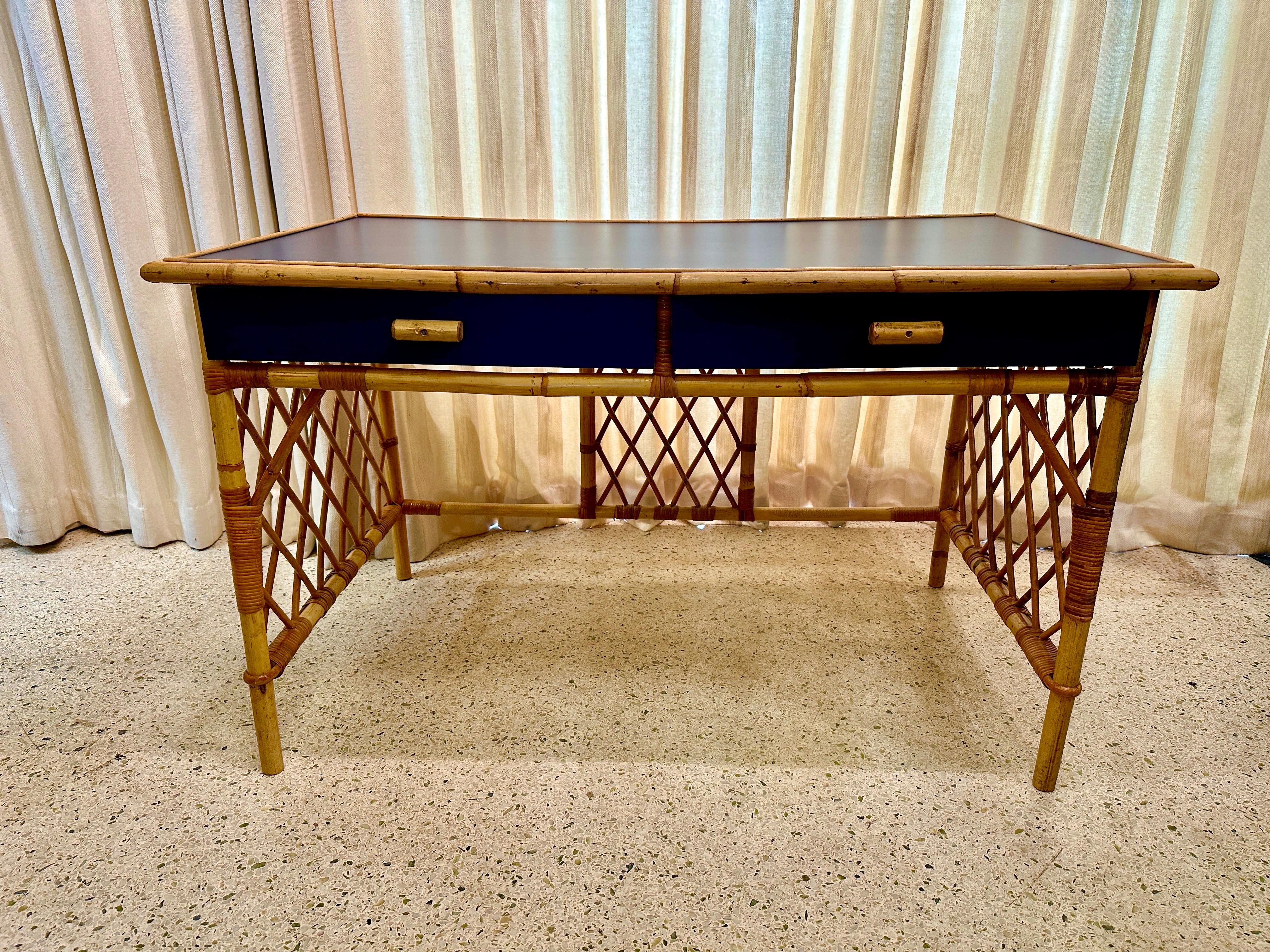 French 1960's Lattice Bamboo & Rattan Desk w/ Drawers For Sale 2