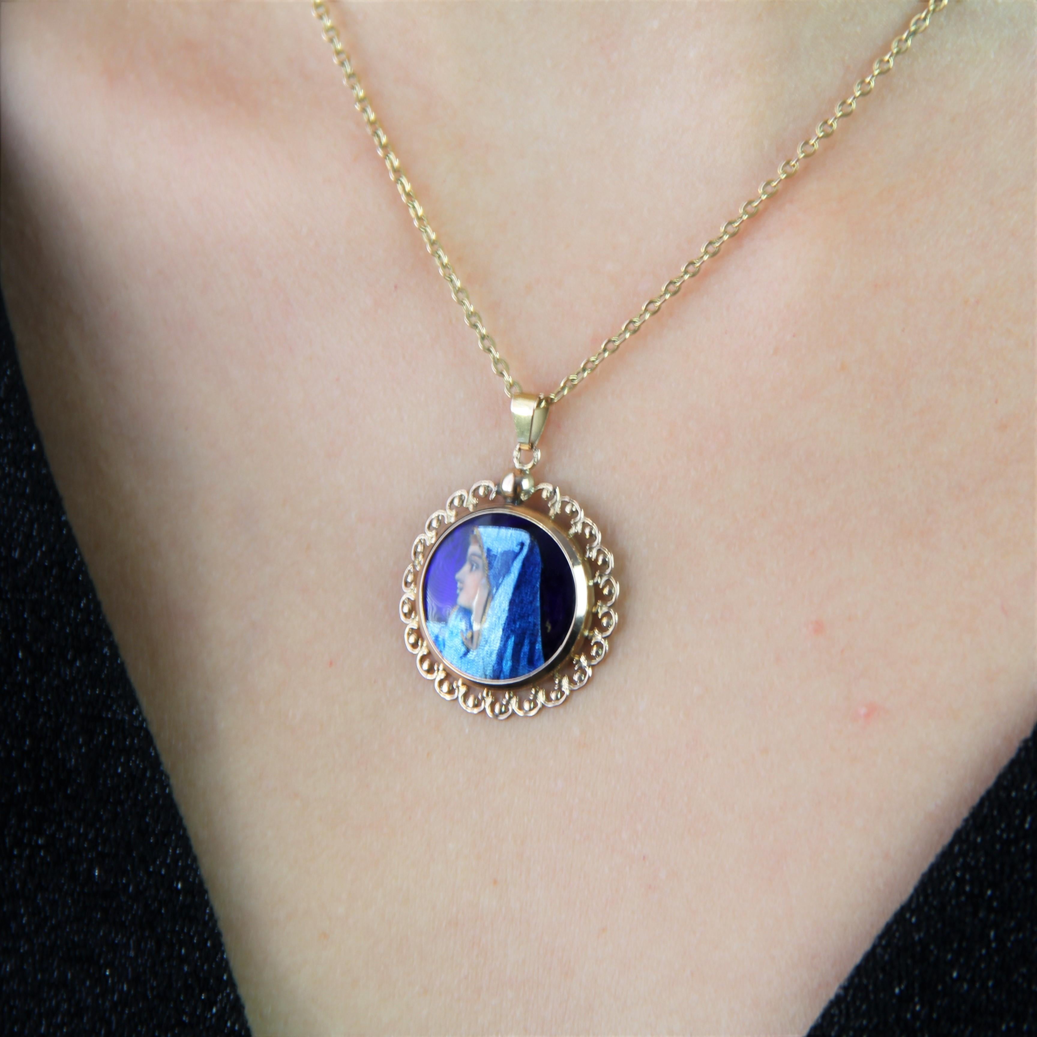 Women's French 1960s Limoges Enamel 18 Karat Rose Gold Pendant