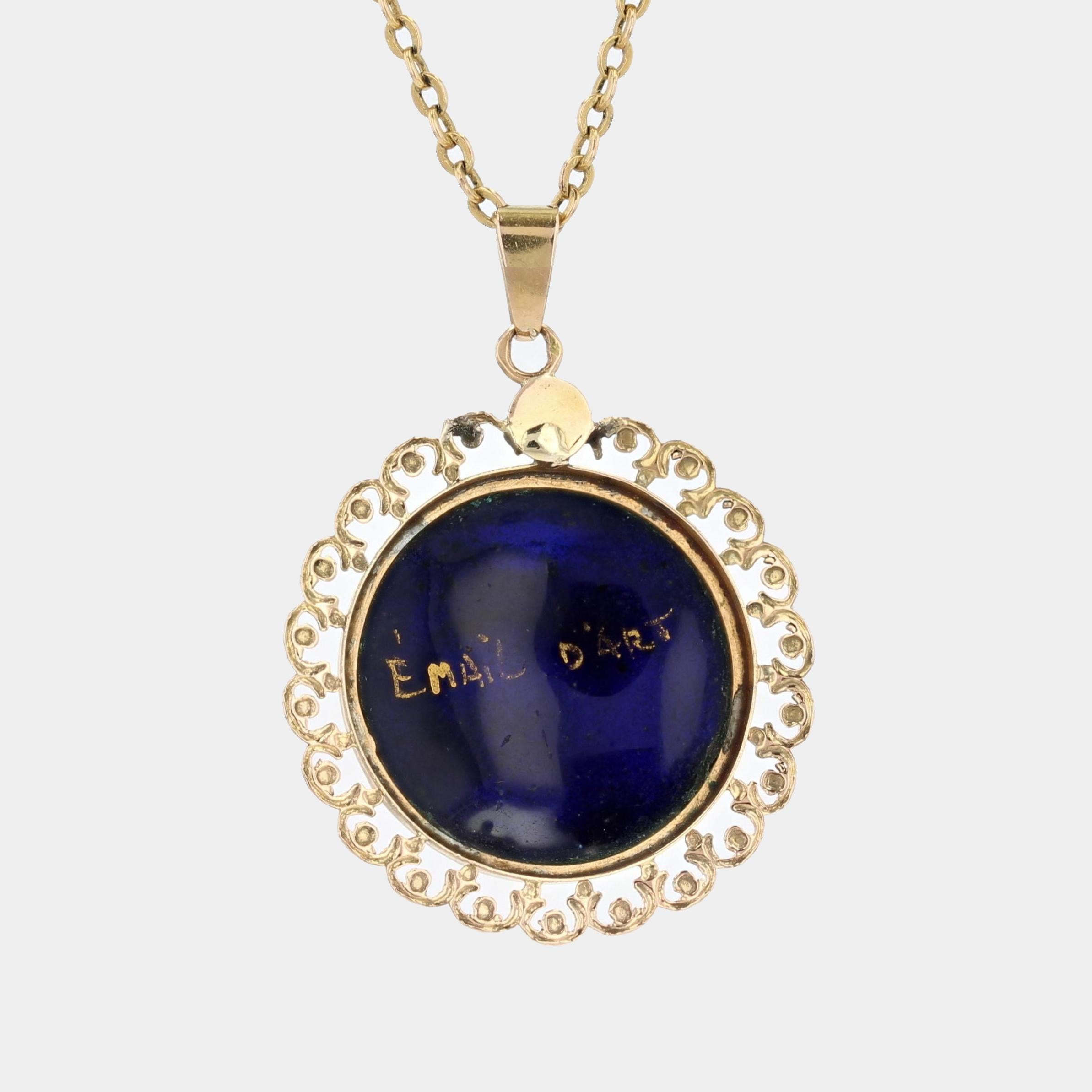 French 1960s Limoges Enamel 18 Karat Rose Gold Pendant 1