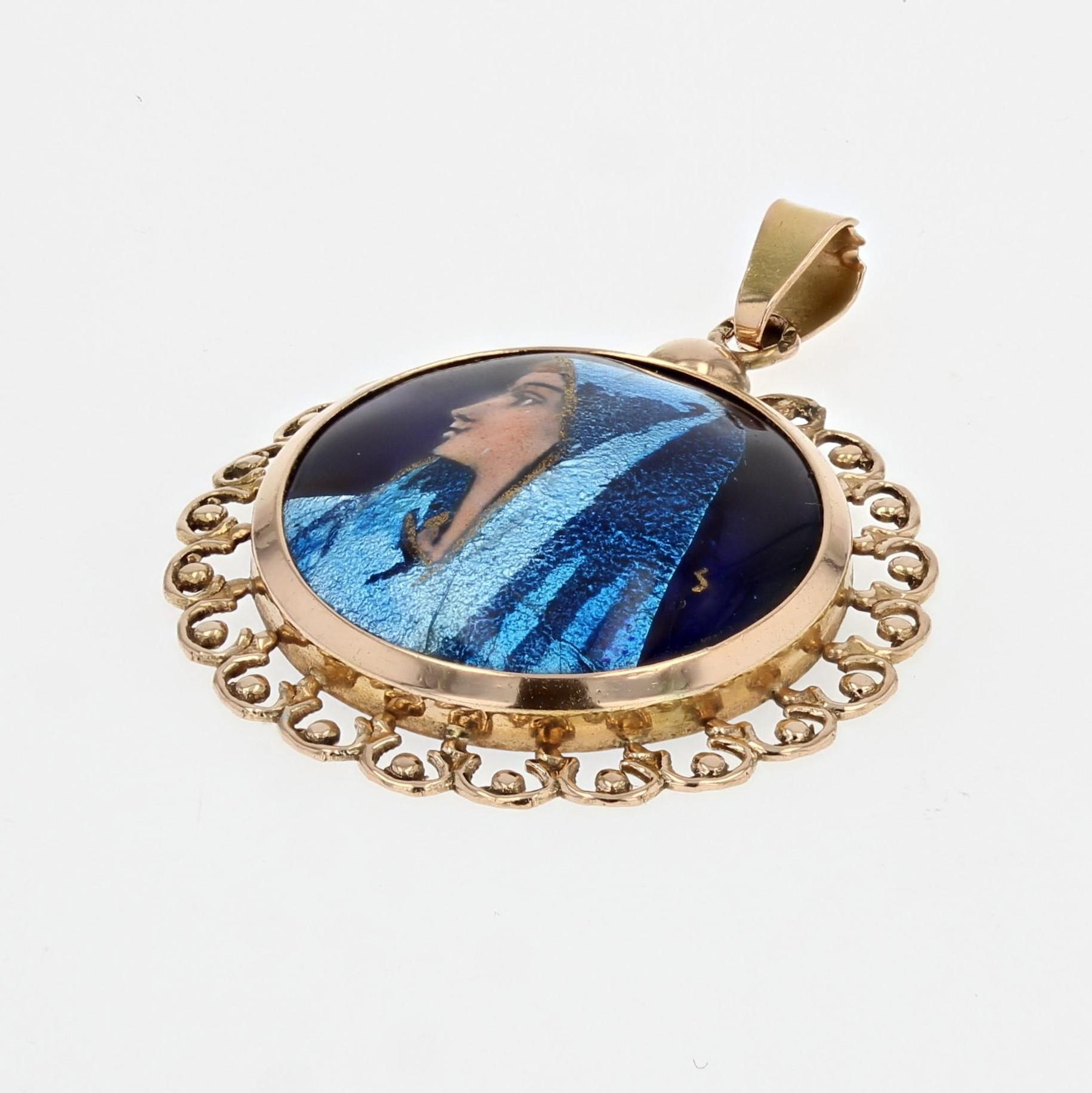 French 1960s Limoges Enamel 18 Karat Rose Gold Pendant 2