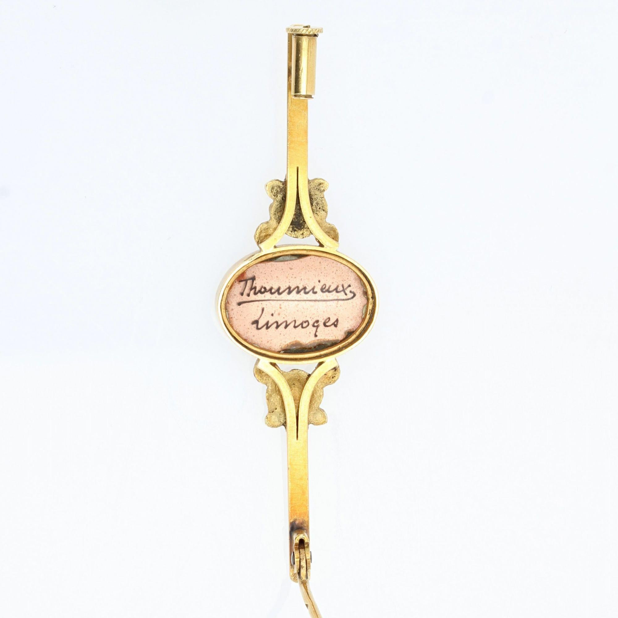 Women's French 1960s Limoges Enamel 18 Karat Yellow Gold Barette Brooch For Sale