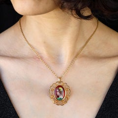 French 1960s Limoges Enamel 18 Karat Yellow Gold Brooch Pendant