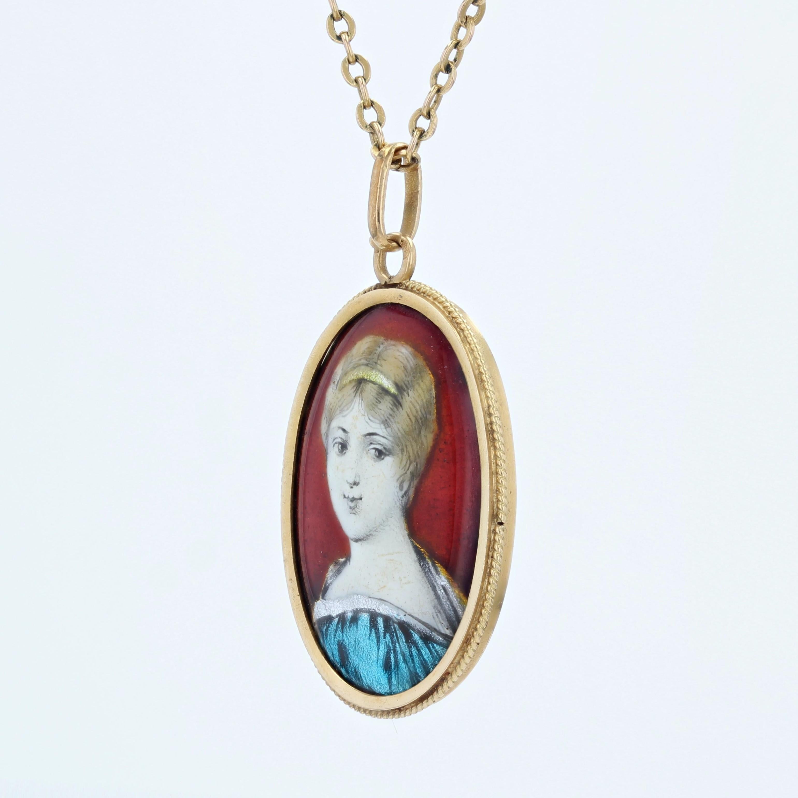 French 1960s Limoges Enamel 18 Karat Yellow Gold Pendant In Good Condition For Sale In Poitiers, FR
