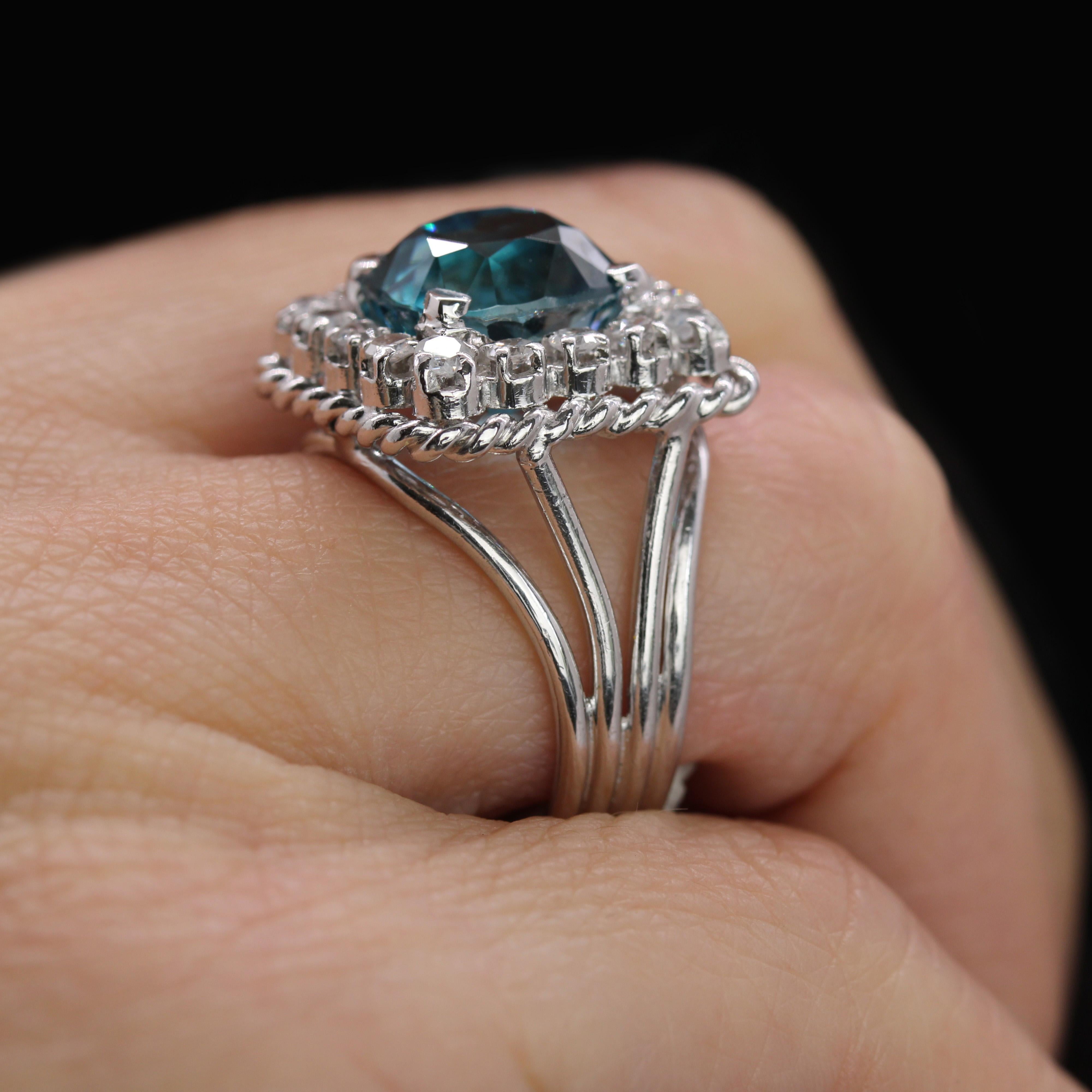 French 1960s Natural Blue Zircon Diamonds Platinum Rectangular Ring For Sale 7