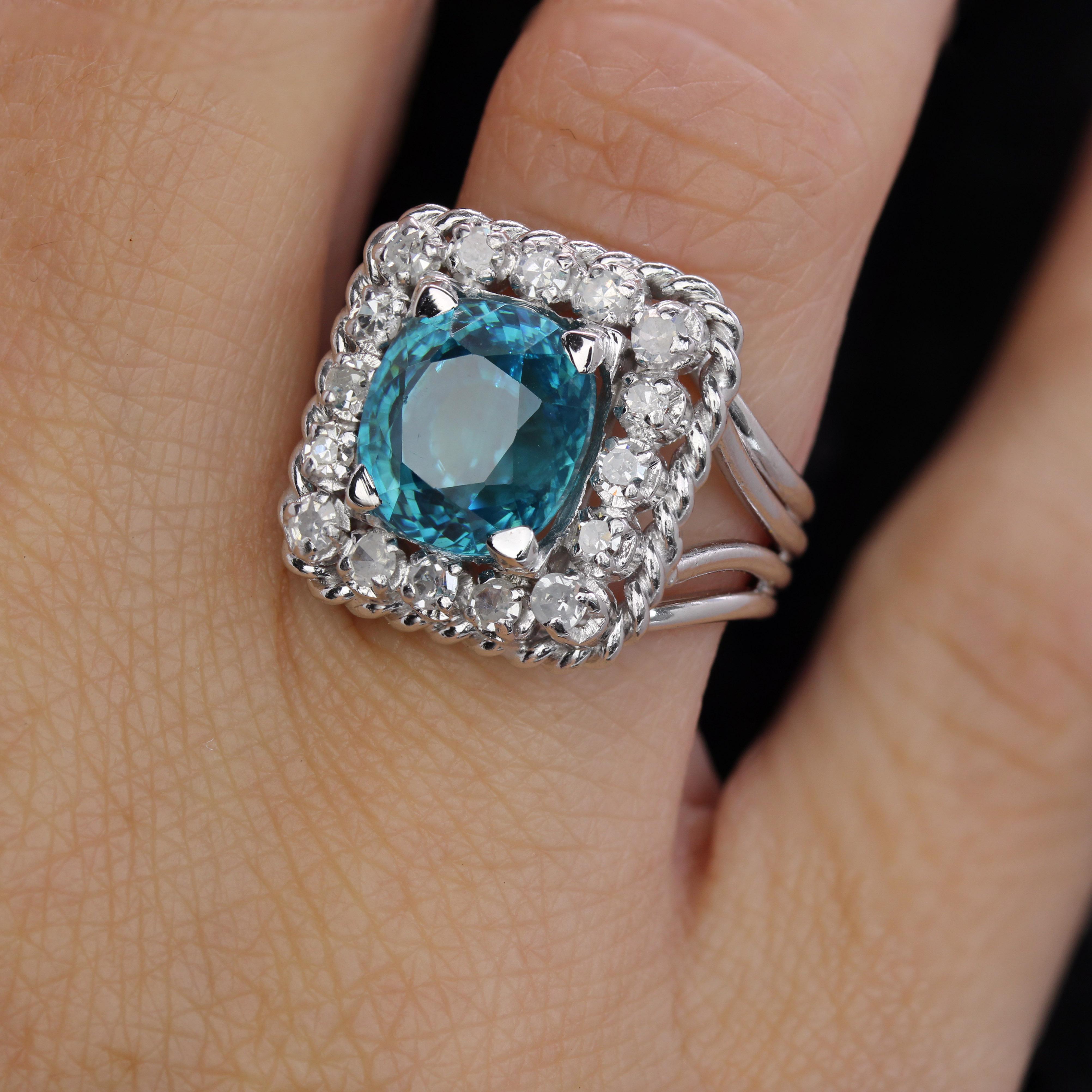 French 1960s Natural Blue Zircon Diamonds Platinum Rectangular Ring For Sale 8