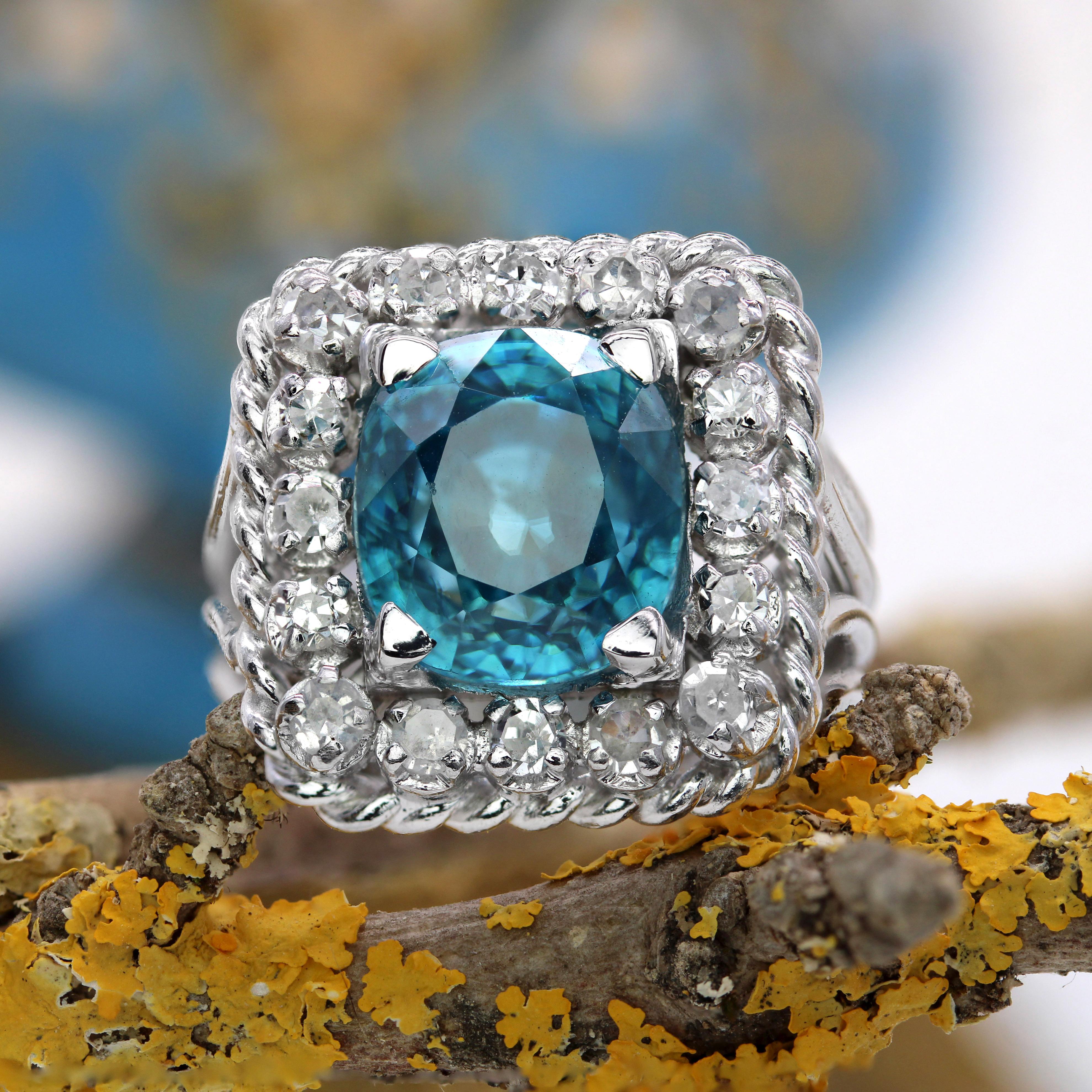 French 1960s Natural Blue Zircon Diamonds Platinum Rectangular Ring For Sale 9
