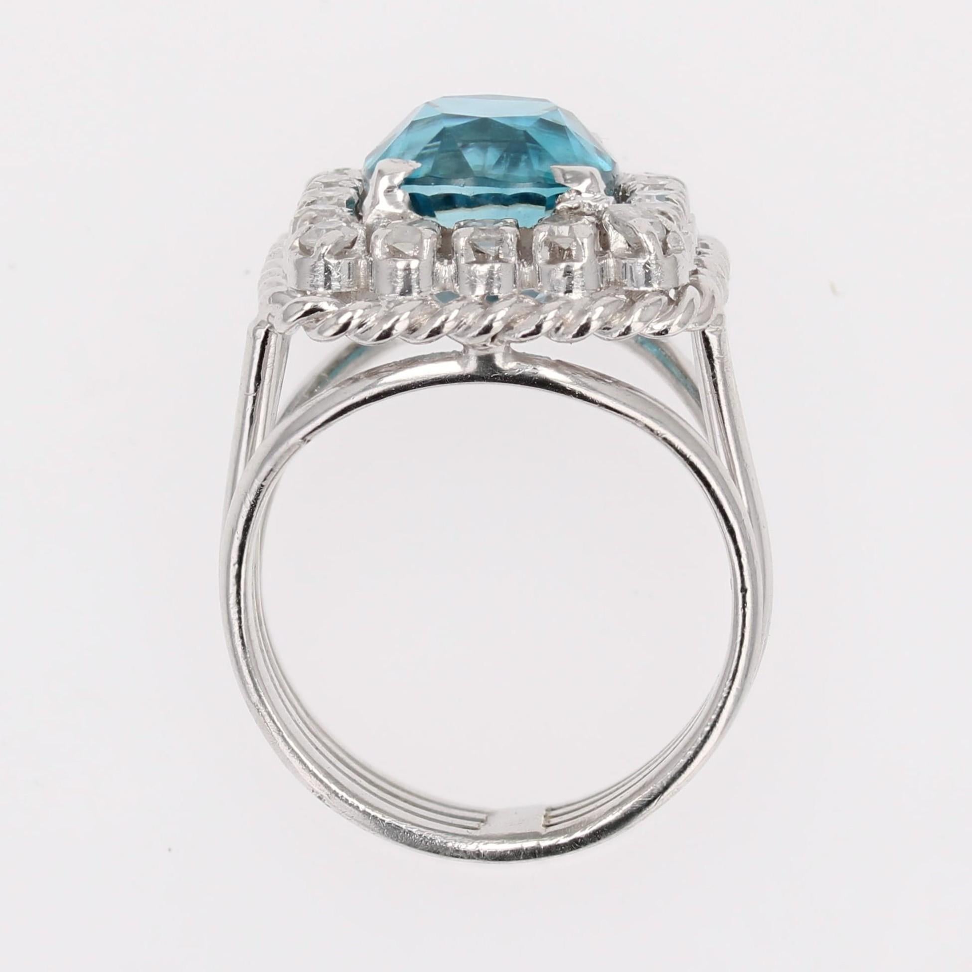 French 1960s Natural Blue Zircon Diamonds Platinum Rectangular Ring For Sale 10
