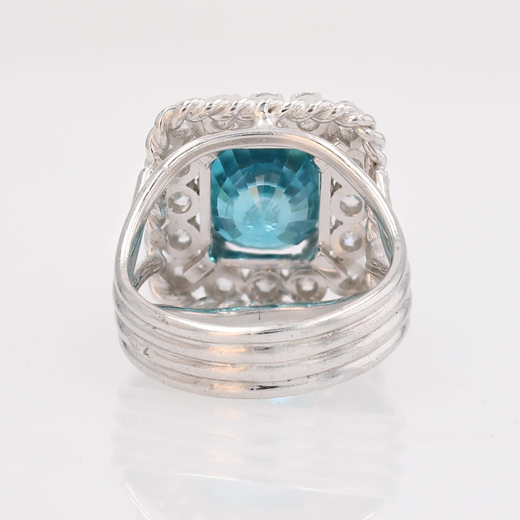 French 1960s Natural Blue Zircon Diamonds Platinum Rectangular Ring For Sale 11