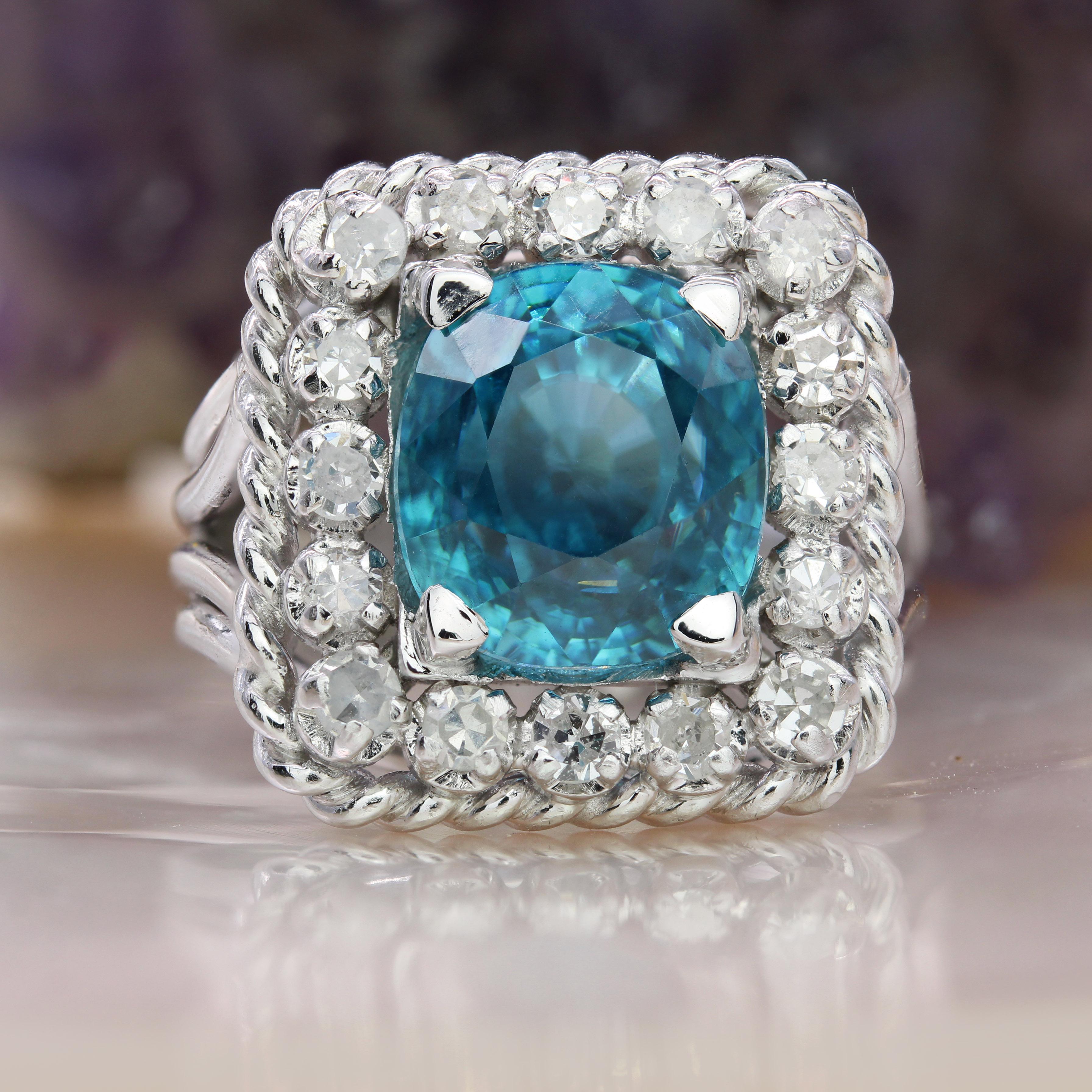 Retro French 1960s Natural Blue Zircon Diamonds Platinum Rectangular Ring For Sale