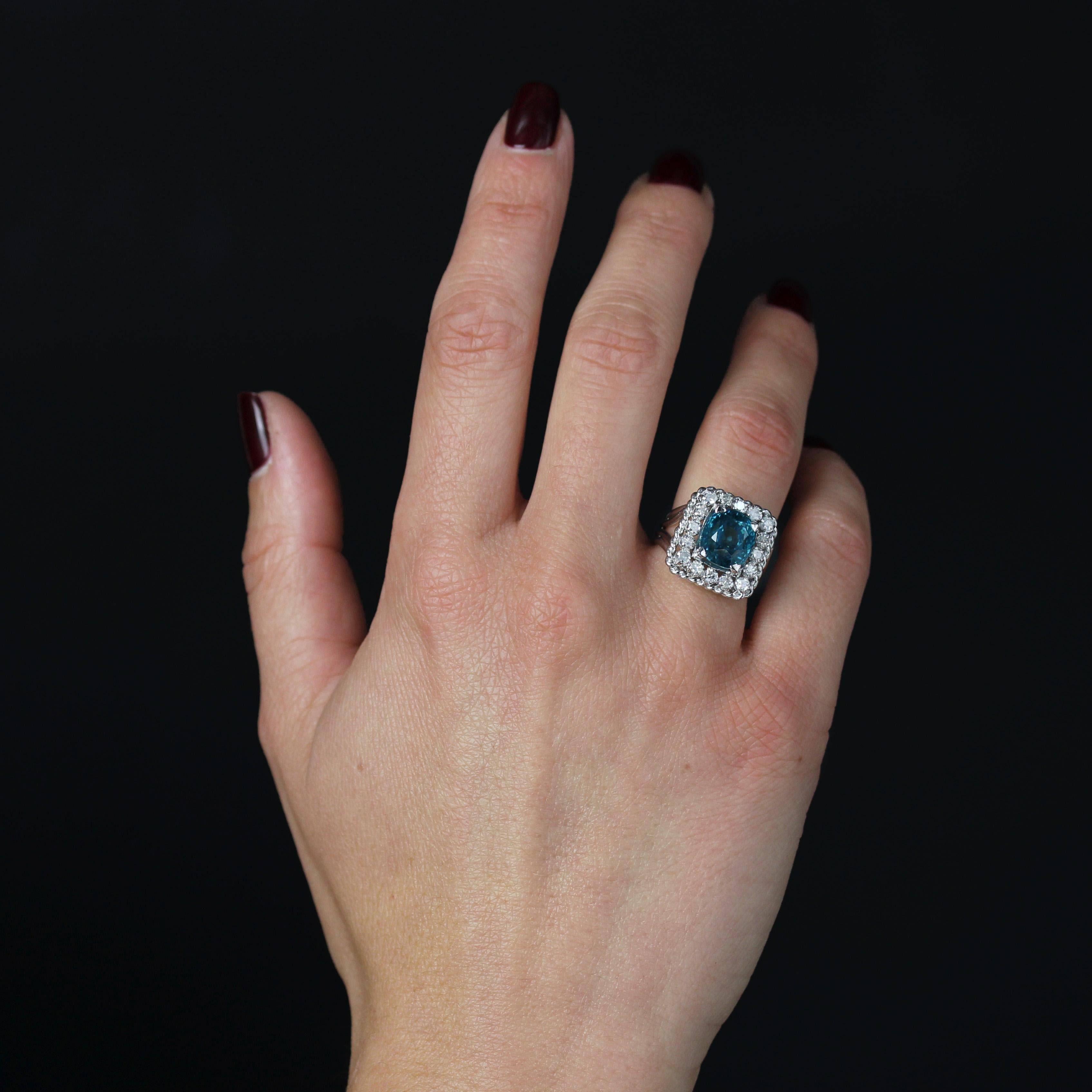 Cushion Cut French 1960s Natural Blue Zircon Diamonds Platinum Rectangular Ring For Sale