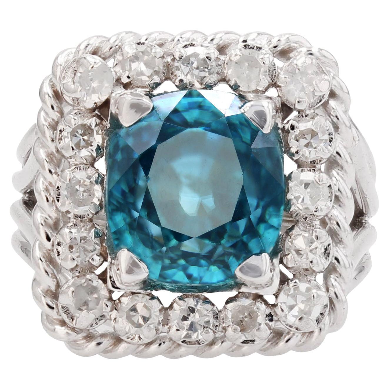 French 1960s Natural Blue Zircon Diamonds Platinum Rectangular Ring