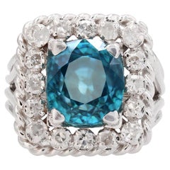 French 1960s Natural Blue Zircon Diamonds Platinum Rectangular Ring