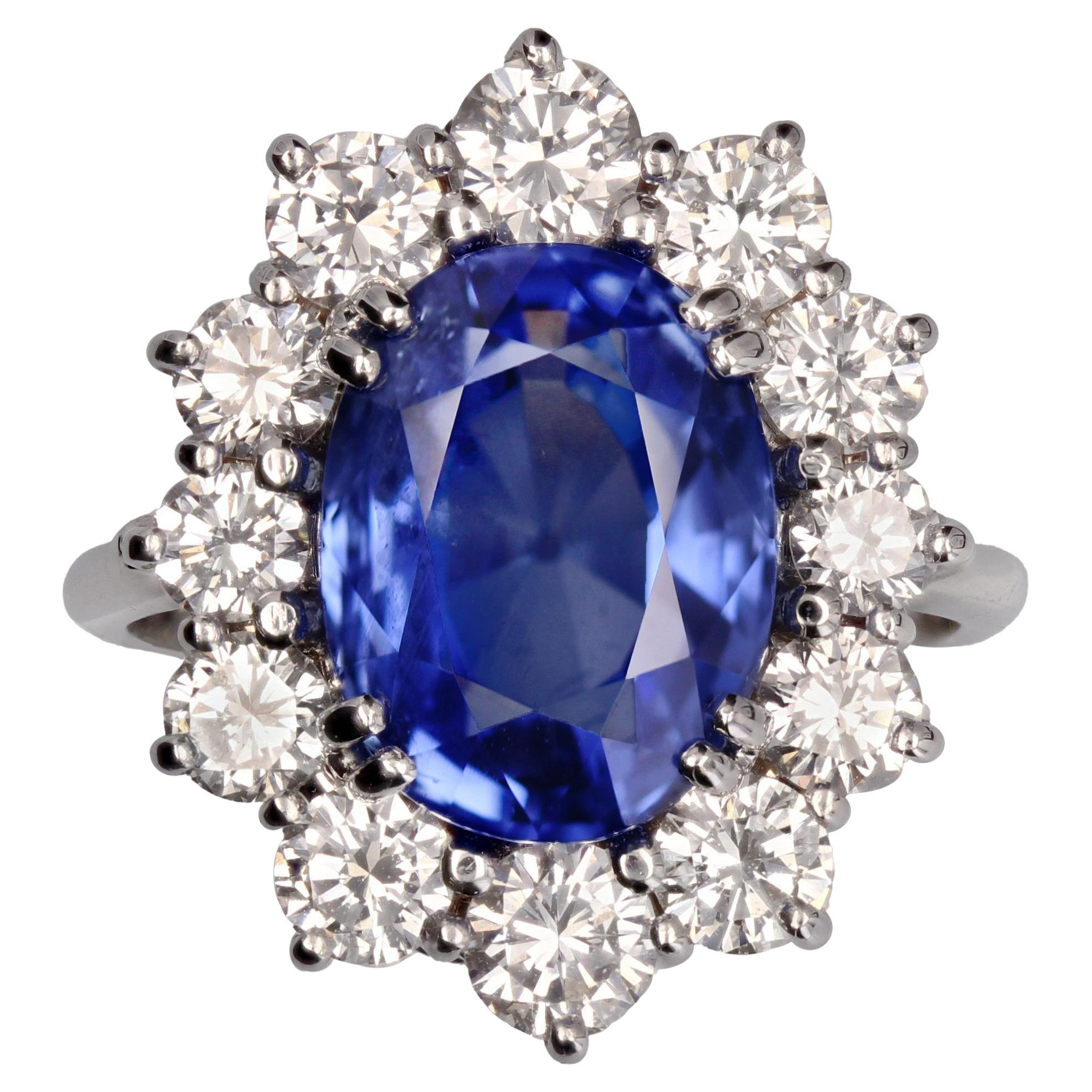 French 1960s No Heat 7.42 Carat Ceylon Sapphire Diamond White Gold Cluster Ring For Sale