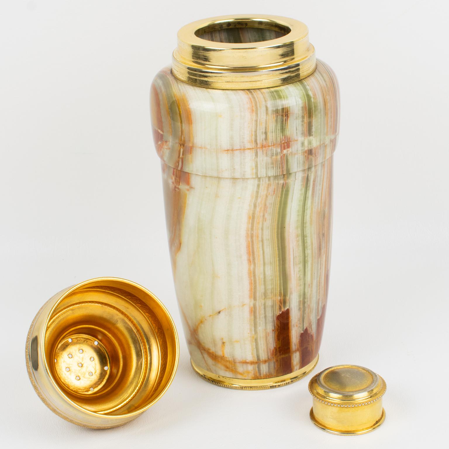 Mid-Century Modern French 1960s Onyx Stone and Gilt Metal Cocktail Shaker