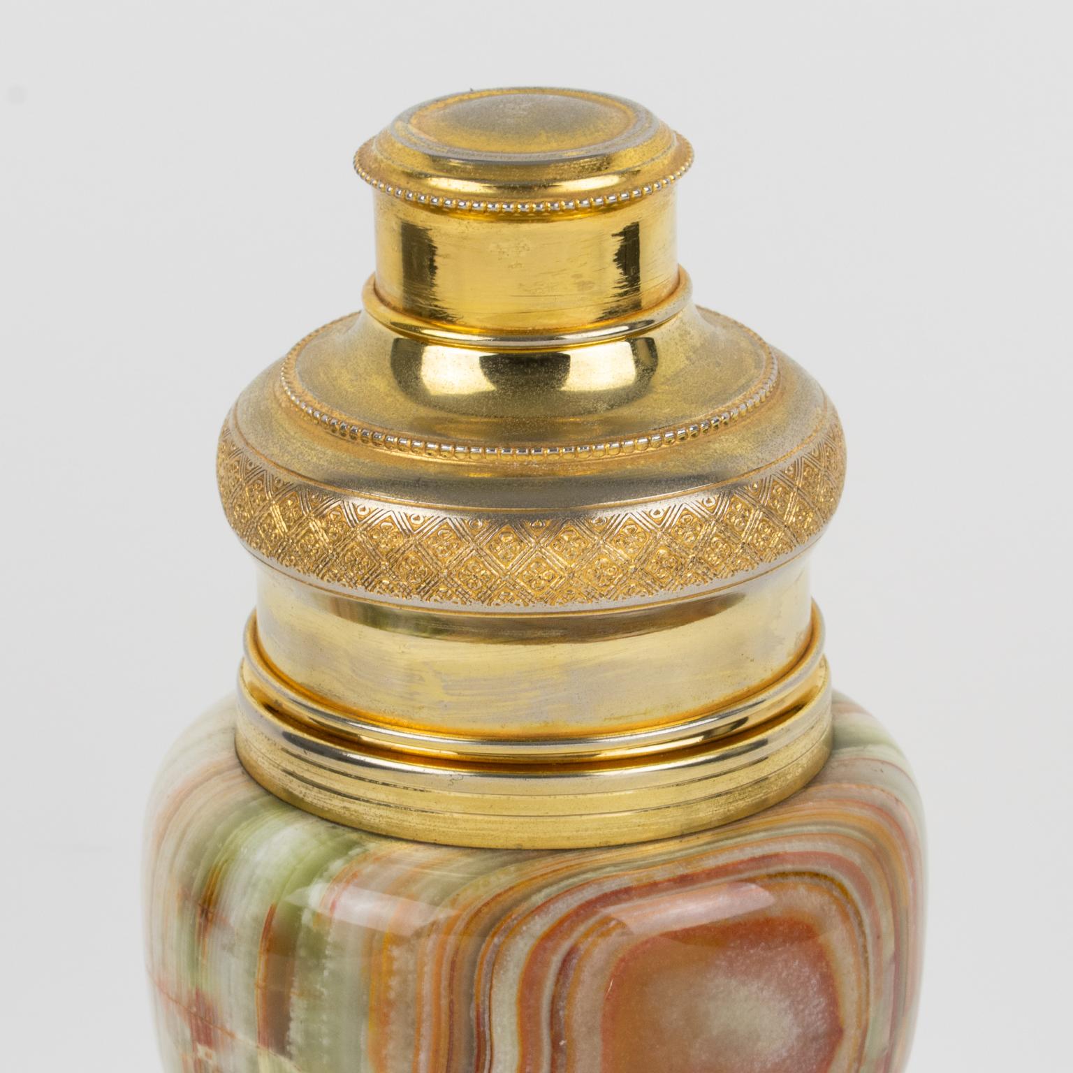 Mid-20th Century French 1960s Onyx Stone and Gilt Metal Cocktail Shaker
