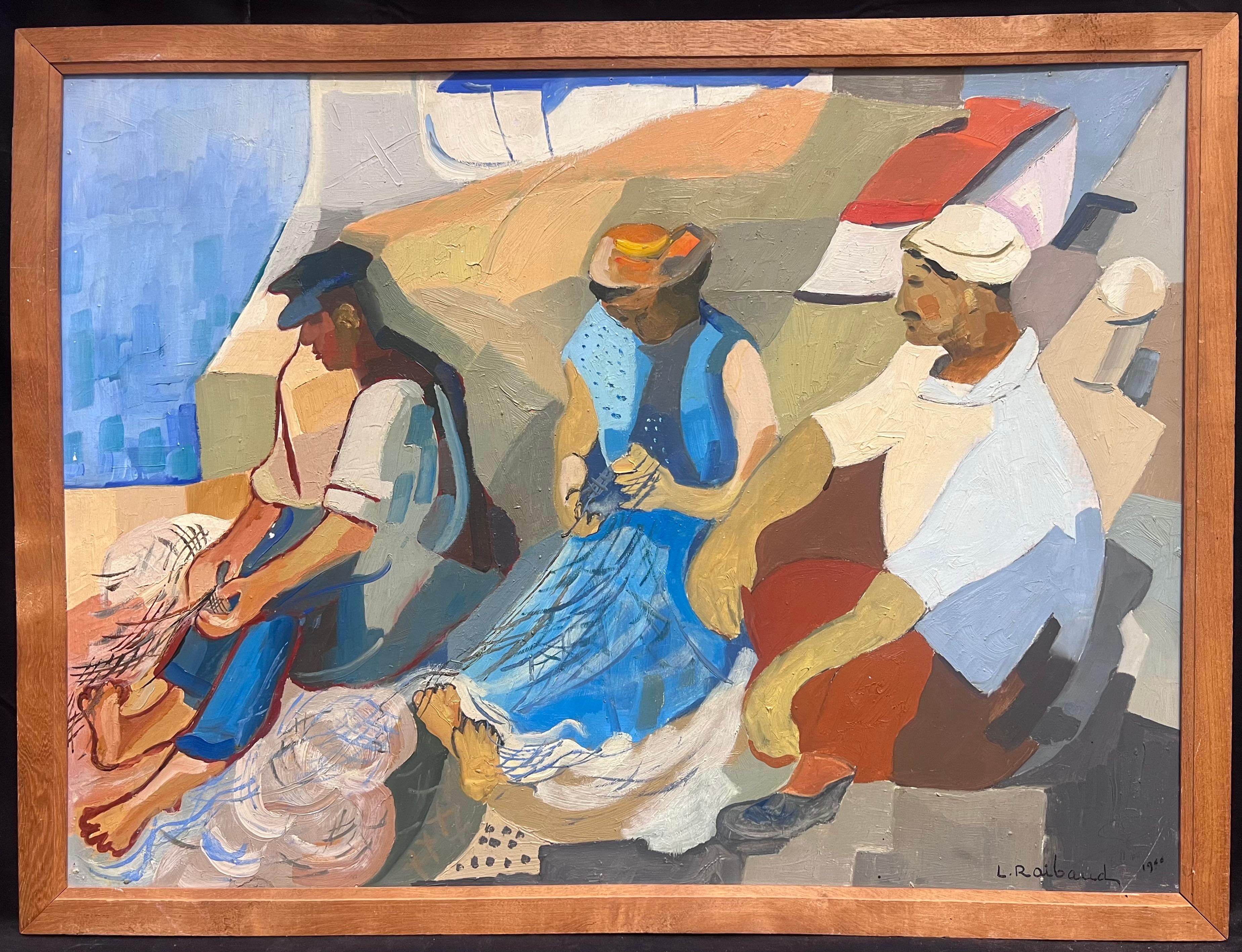 Pescadores tendiendo redes Puerto de Marsella Años 60 Óleo modernista francés firmado - Painting de French 1960's