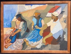 Fisherfolk Tending Nets Marseille Harbor 1960's French Signed Modernist Oil