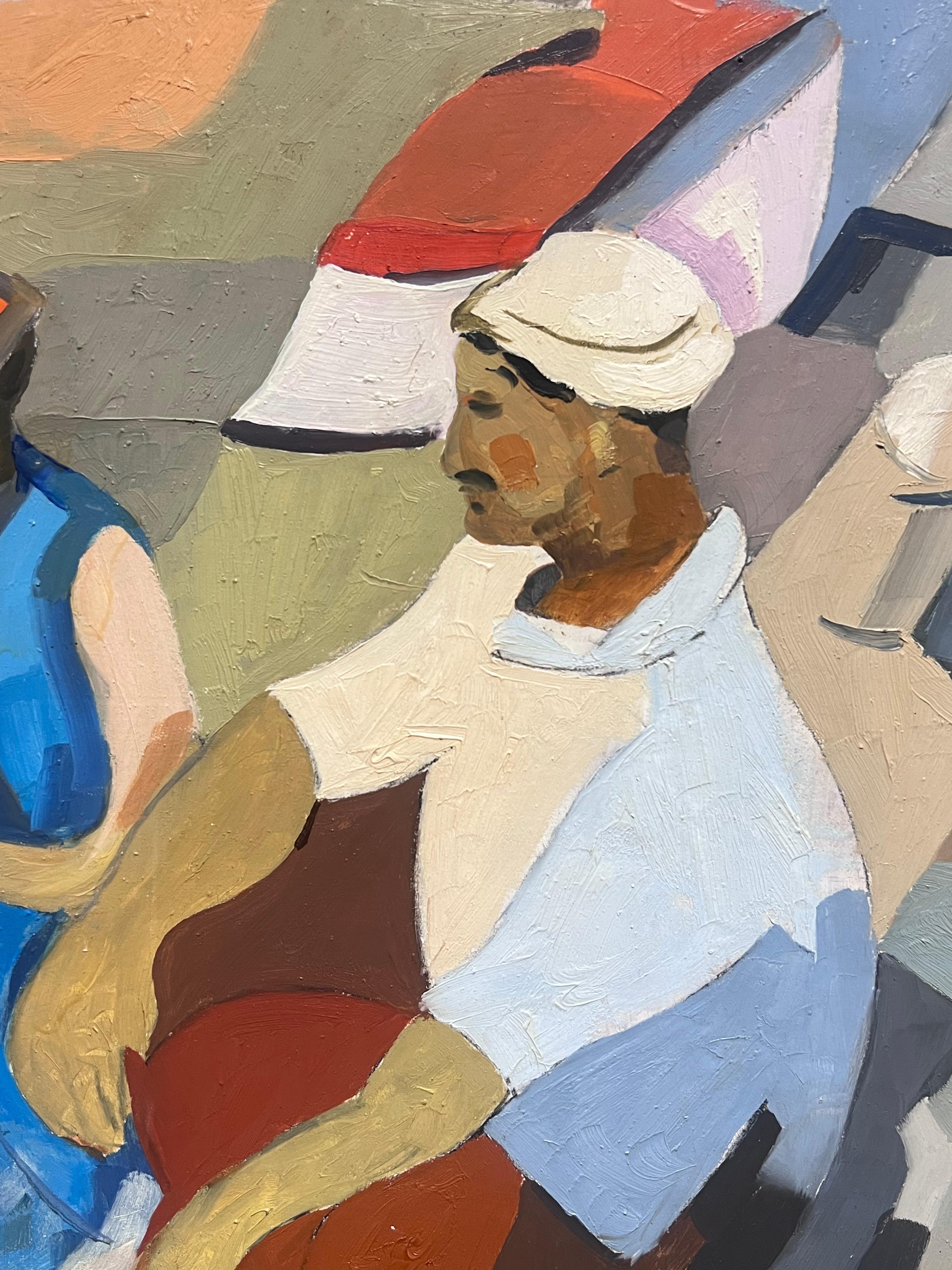 Pescadores tendiendo redes Puerto de Marsella Años 60 Óleo modernista francés firmado - Portrait Painting Marrón de French 1960's