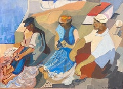 Antique Fisherfolk Tending Nets Marseille Harbor 1960's French Signed Modernist Oil