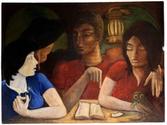 Huge 1960's French Figurative Interior Three Figures Reading Book Surreal Scene