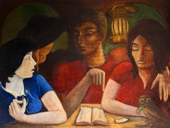 Huge 1960's French Figurative Interior Three Figures Reading Book Surreal Scene