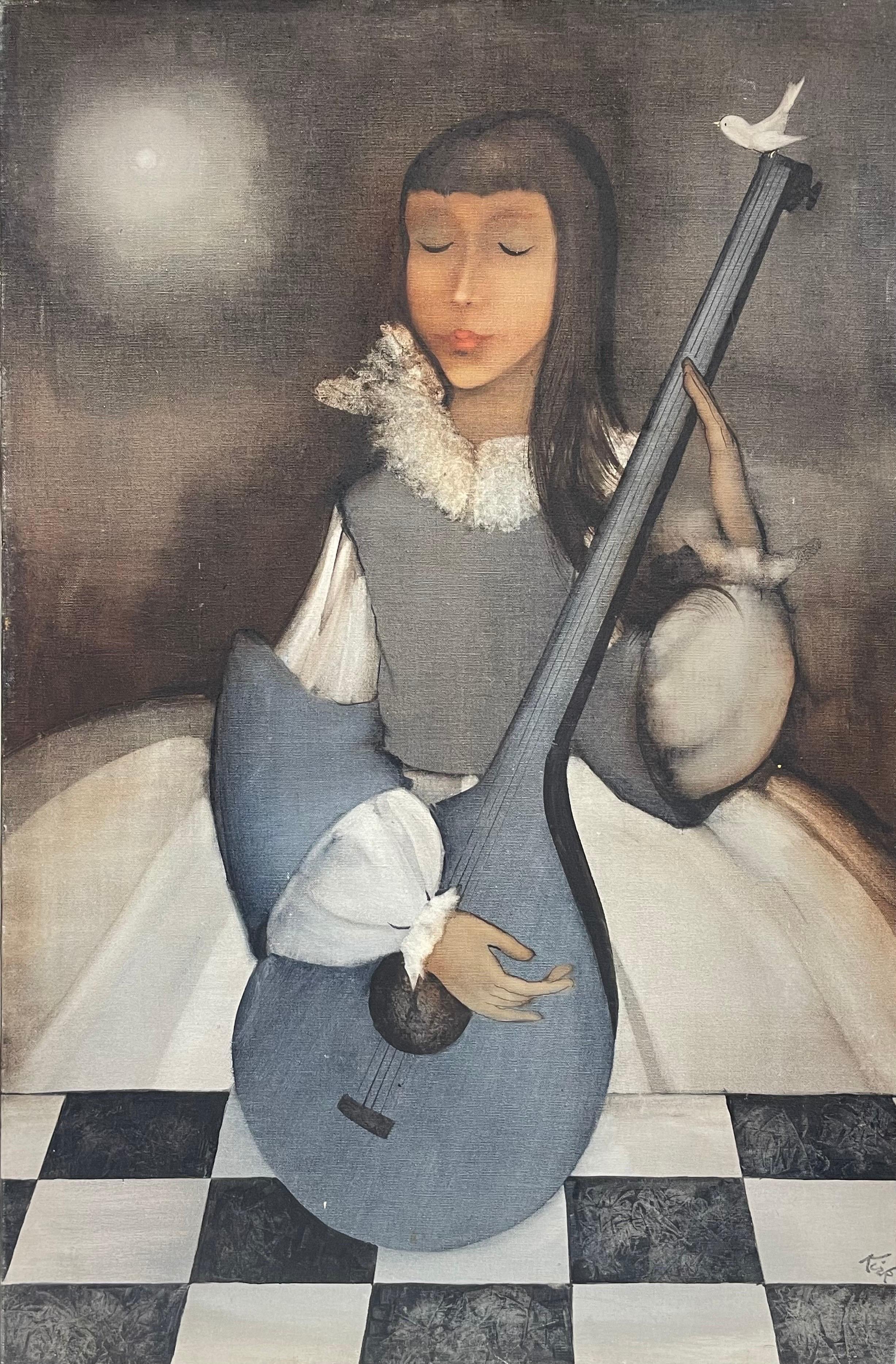 French 1960's Figurative Painting - Large 1960s French Modernist Oil Painting Young Girl with Lute Guitar & Dove