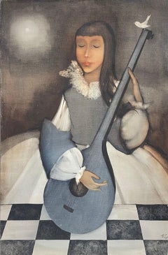 Large 1960s French Modernist Oil Painting Young Girl with Lute Guitar & Dove