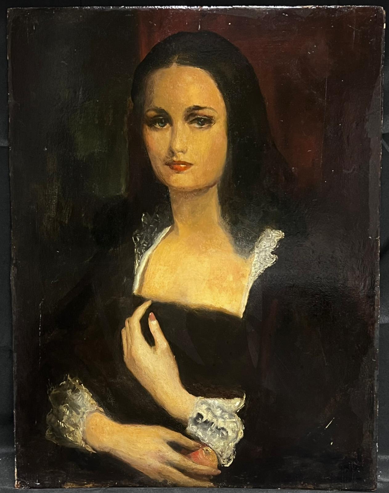 Large 1960's French Portrait of Beautiful Young Lady Mona Lisa style pose - Painting by French 1960's