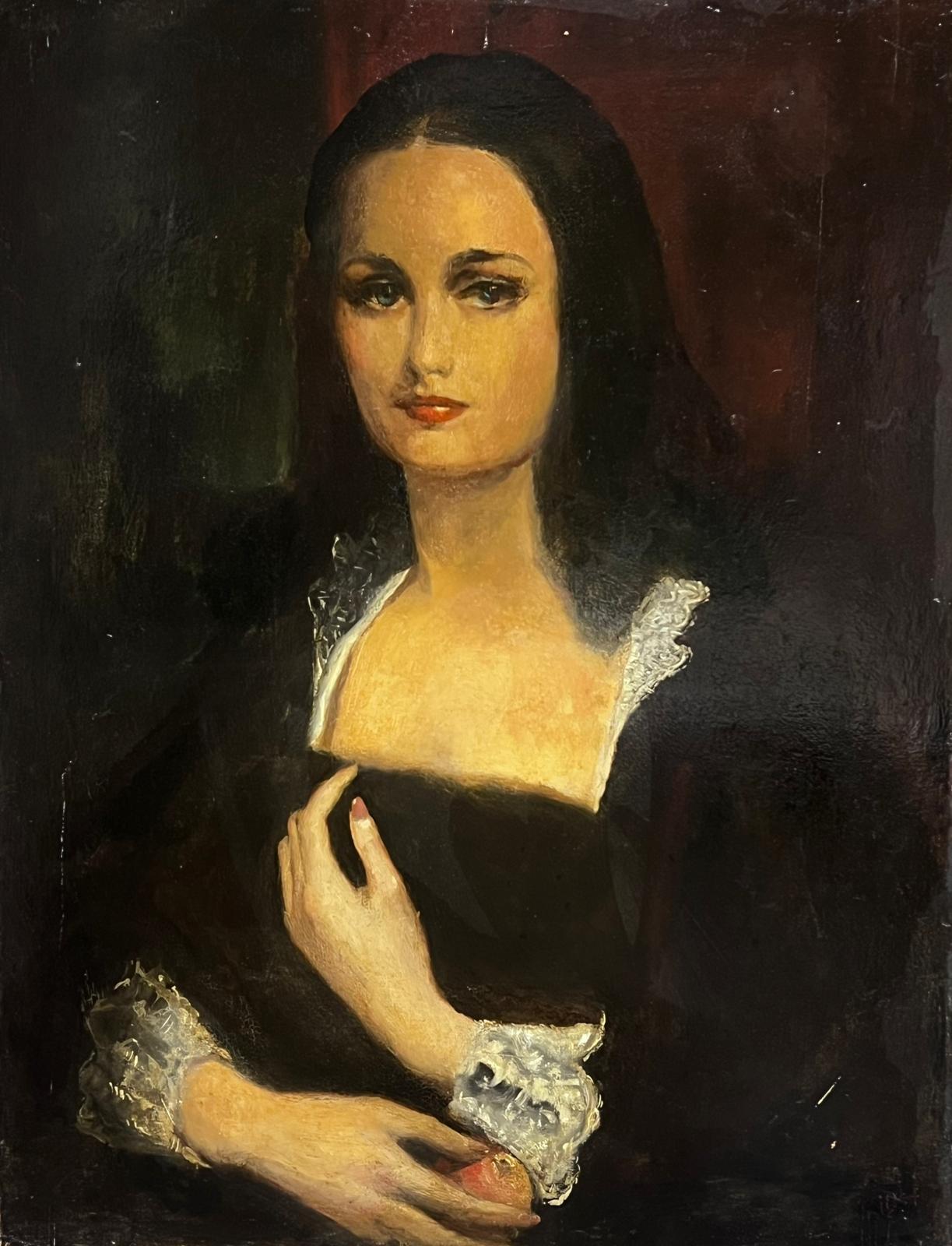 French 1960's Portrait Painting - Large 1960's French Portrait of Beautiful Young Lady Mona Lisa style pose