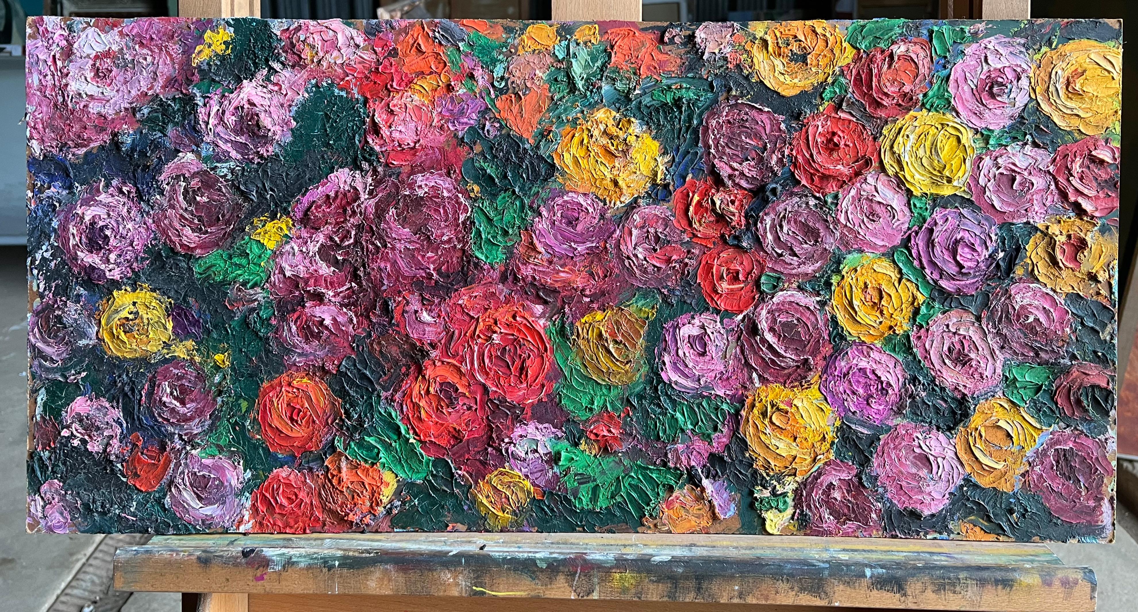 Lebendige abstrakte Französisch Öl florale Komposition texturiert Impasto Technik – Painting von French 1960's