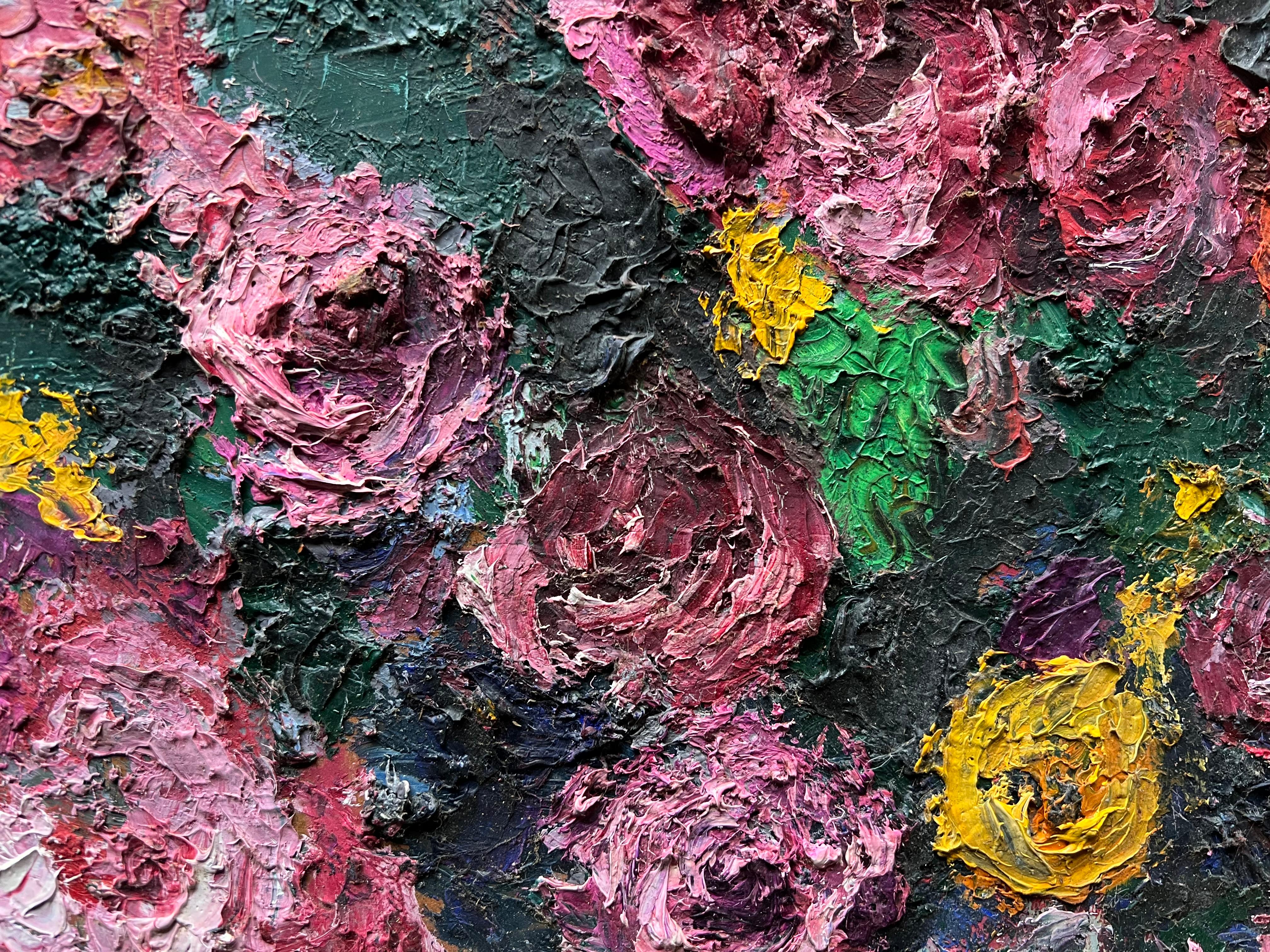 Lebendige abstrakte Französisch Öl florale Komposition texturiert Impasto Technik (Abstrakter Expressionismus), Painting, von French 1960's