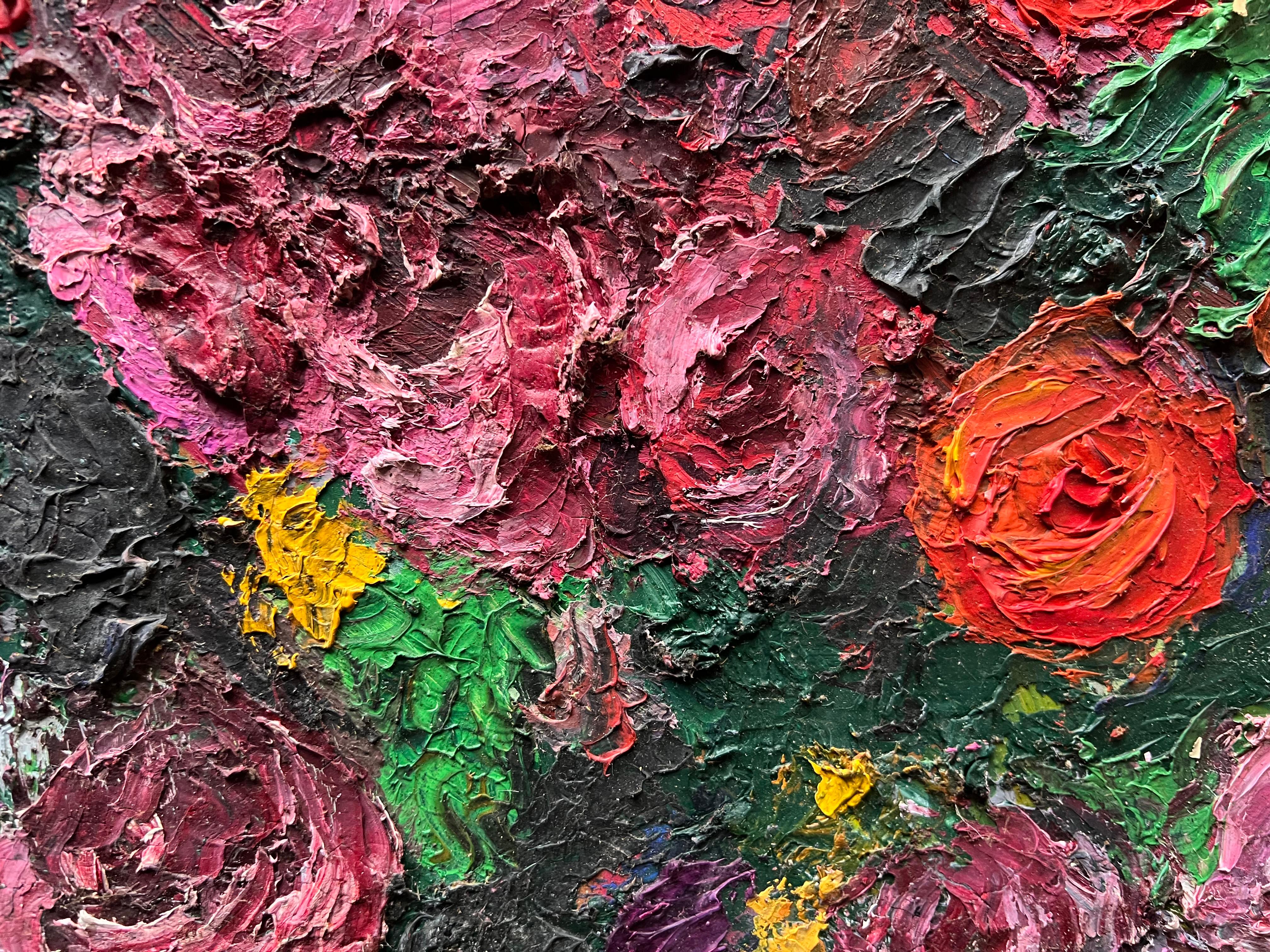 Lebendige abstrakte Französisch Öl florale Komposition texturiert Impasto Technik (Grau), Still-Life Painting, von French 1960's