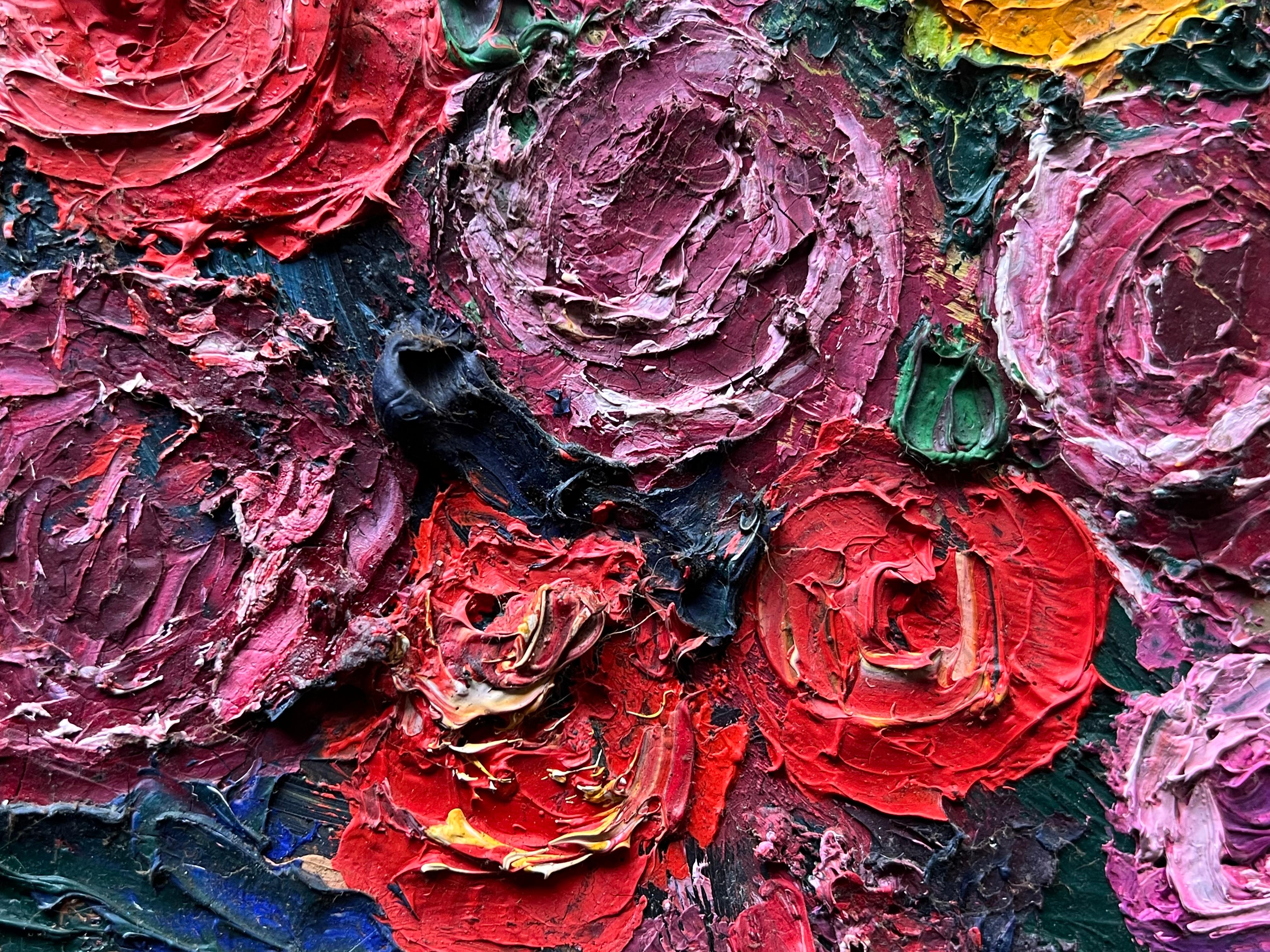 Abstrakt Floral
Französischer Künstler, ca. 1960er Jahre
Öl auf Karton, ungerahmt
Brett: 31 x 35,5 Zoll
Provenienz: Privatsammlung, Frankreich
Zustand: einige Oberflächenverschmutzungen, aber alles in gutem und gesundem Zustand

Beschreibung
Dieses