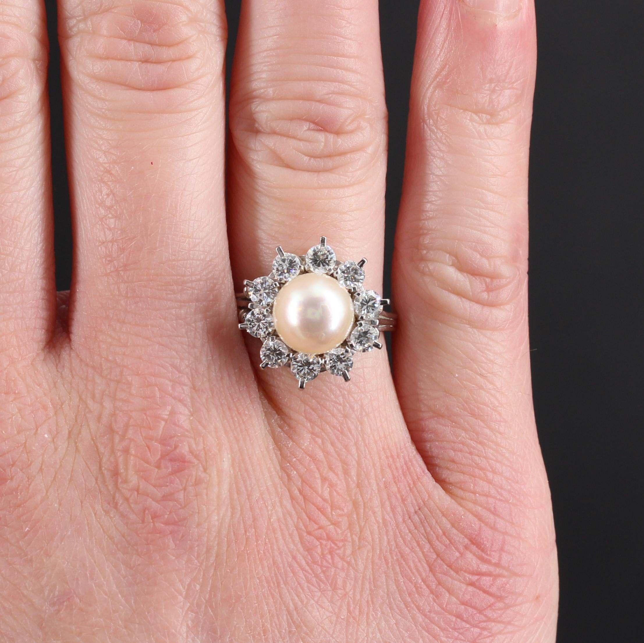 Bead French 1960s Pearl Diamonds 18 Karat White Gold Platinum Flake Ring For Sale