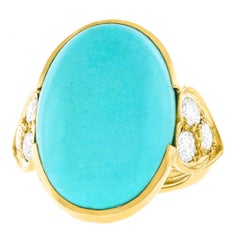 Vintage French 1960s Persian Turquoise and Diamond Set Gold Ring