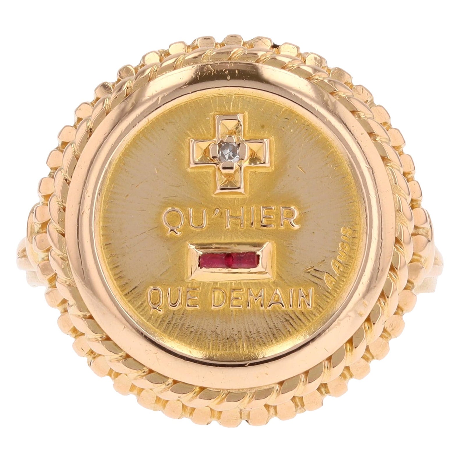 French 1960s Red Gem Diamond 18 Karat Yellow Gold Augis Ring For Sale ...
