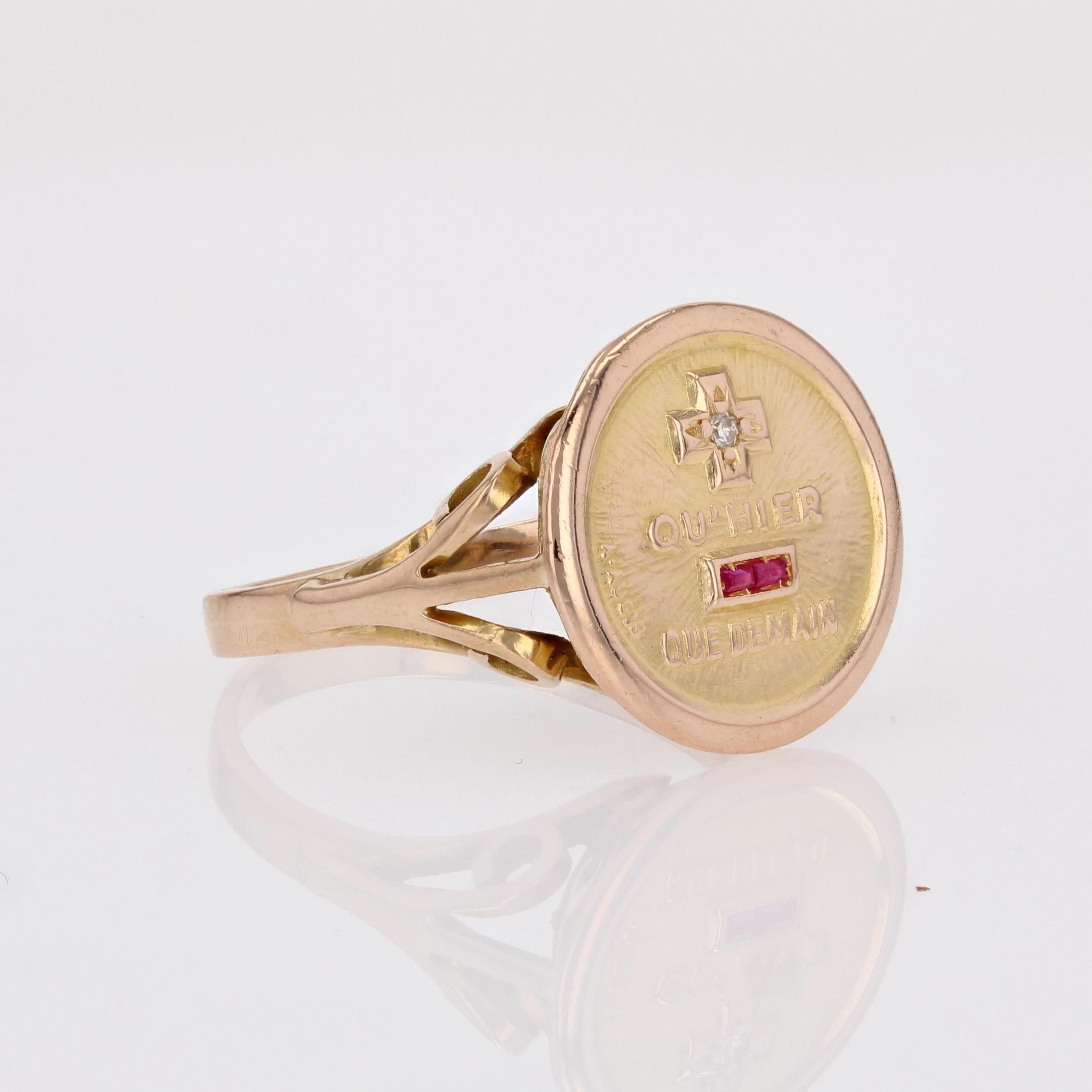 French 1960s Red Gems Diamond 18 Karat Yellow Gold Augis Ring For Sale 5