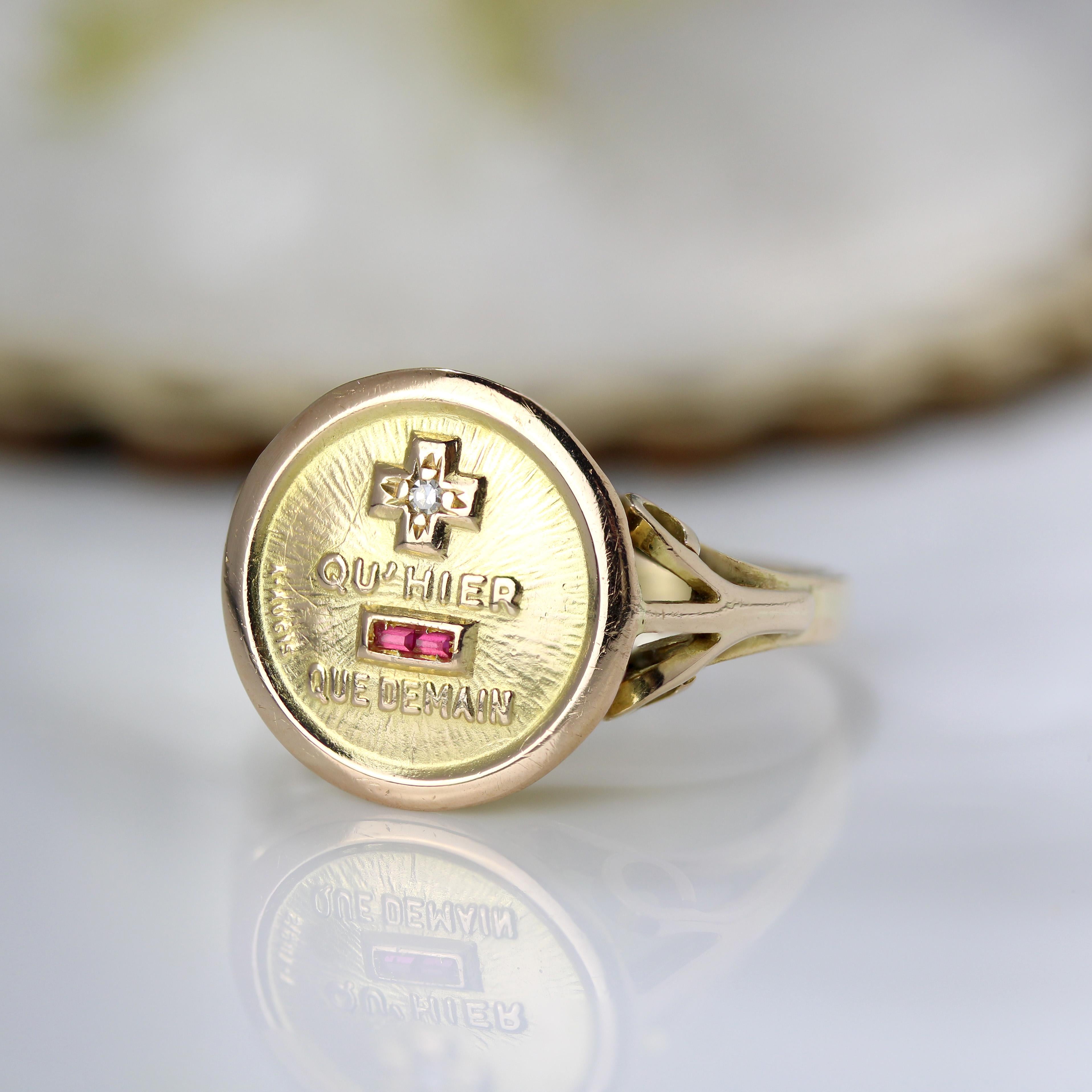 French 1960s Red Gems Diamond 18 Karat Yellow Gold Augis Ring For Sale 6