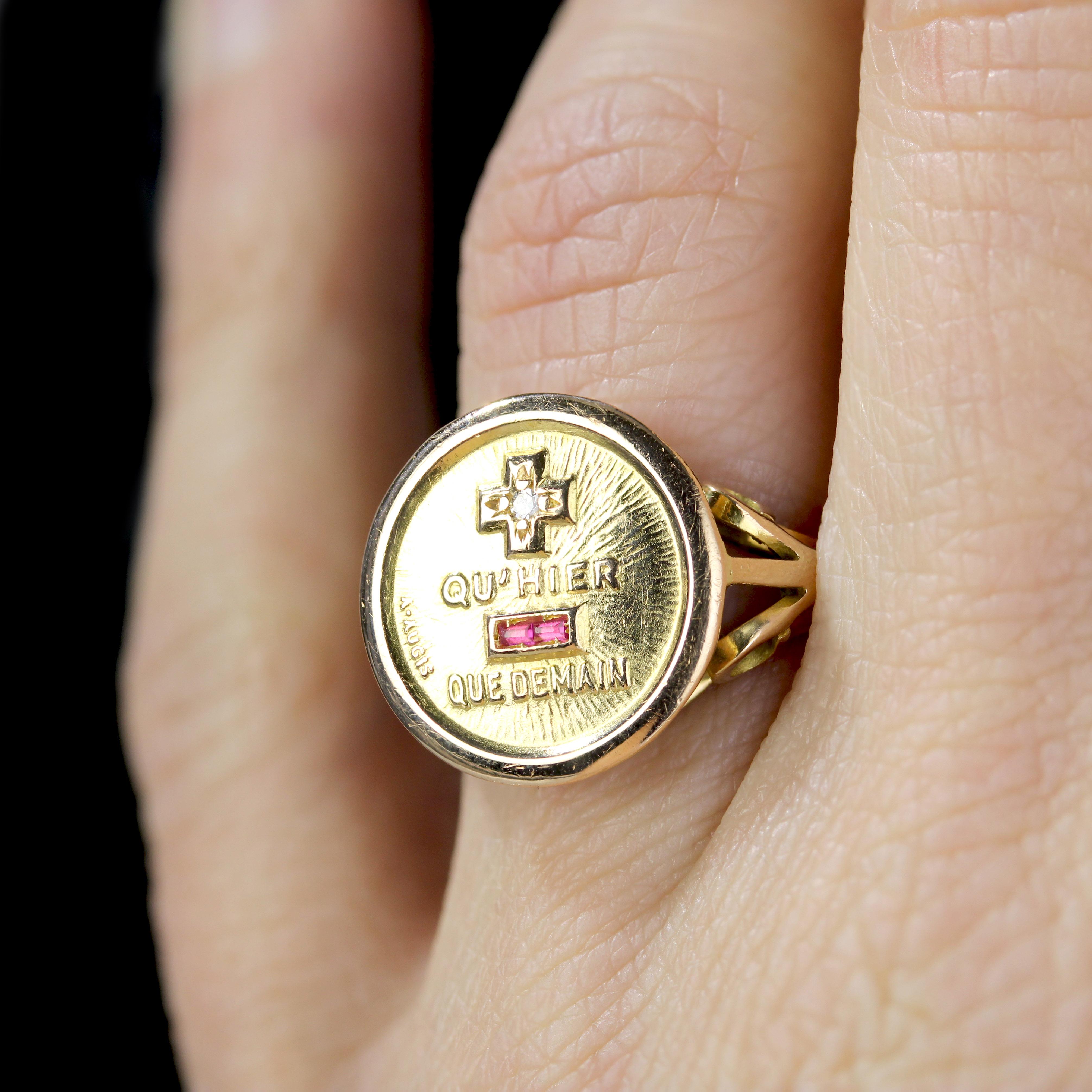 French 1960s Red Gems Diamond 18 Karat Yellow Gold Augis Ring For Sale 7
