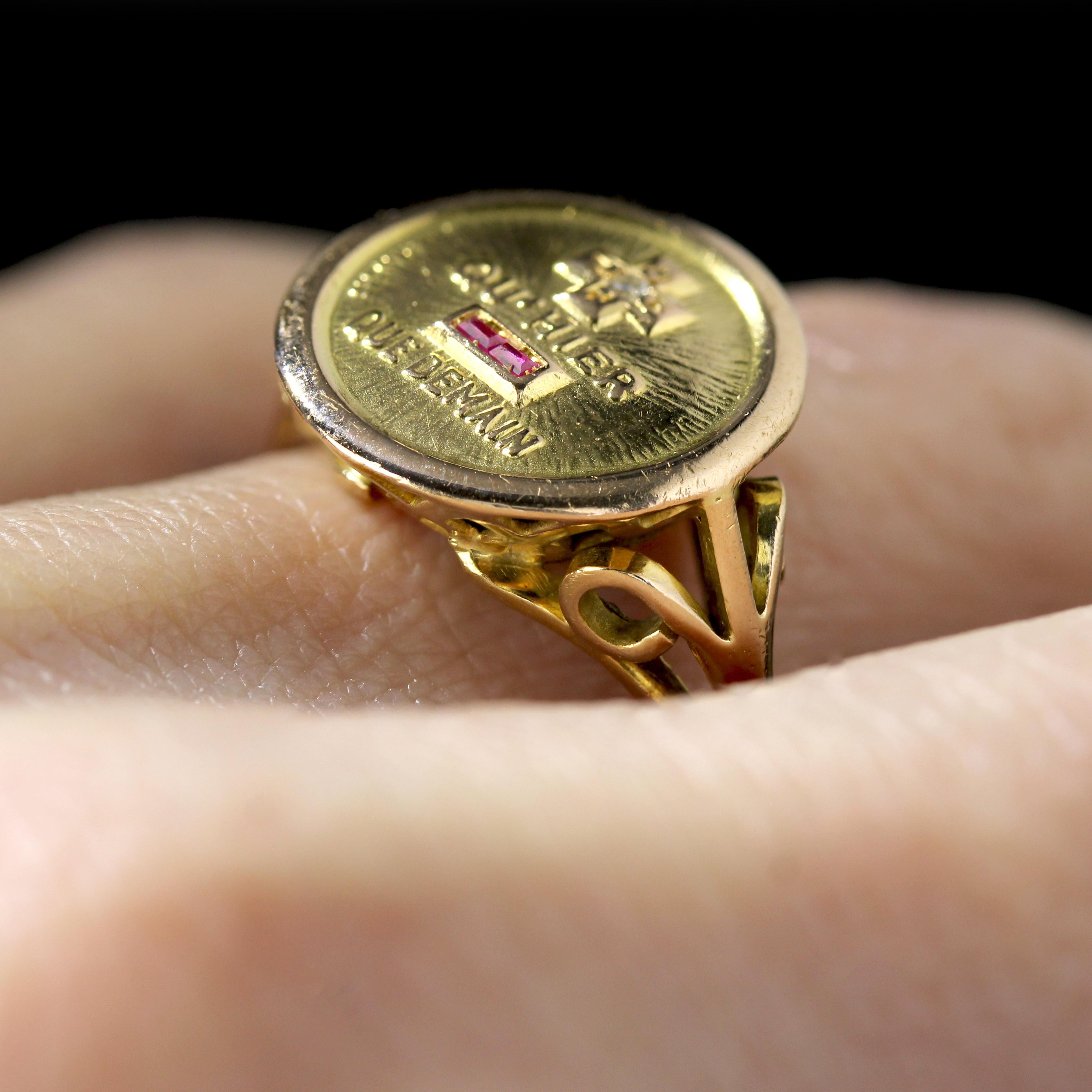 French 1960s Red Gems Diamond 18 Karat Yellow Gold Augis Ring For Sale 8