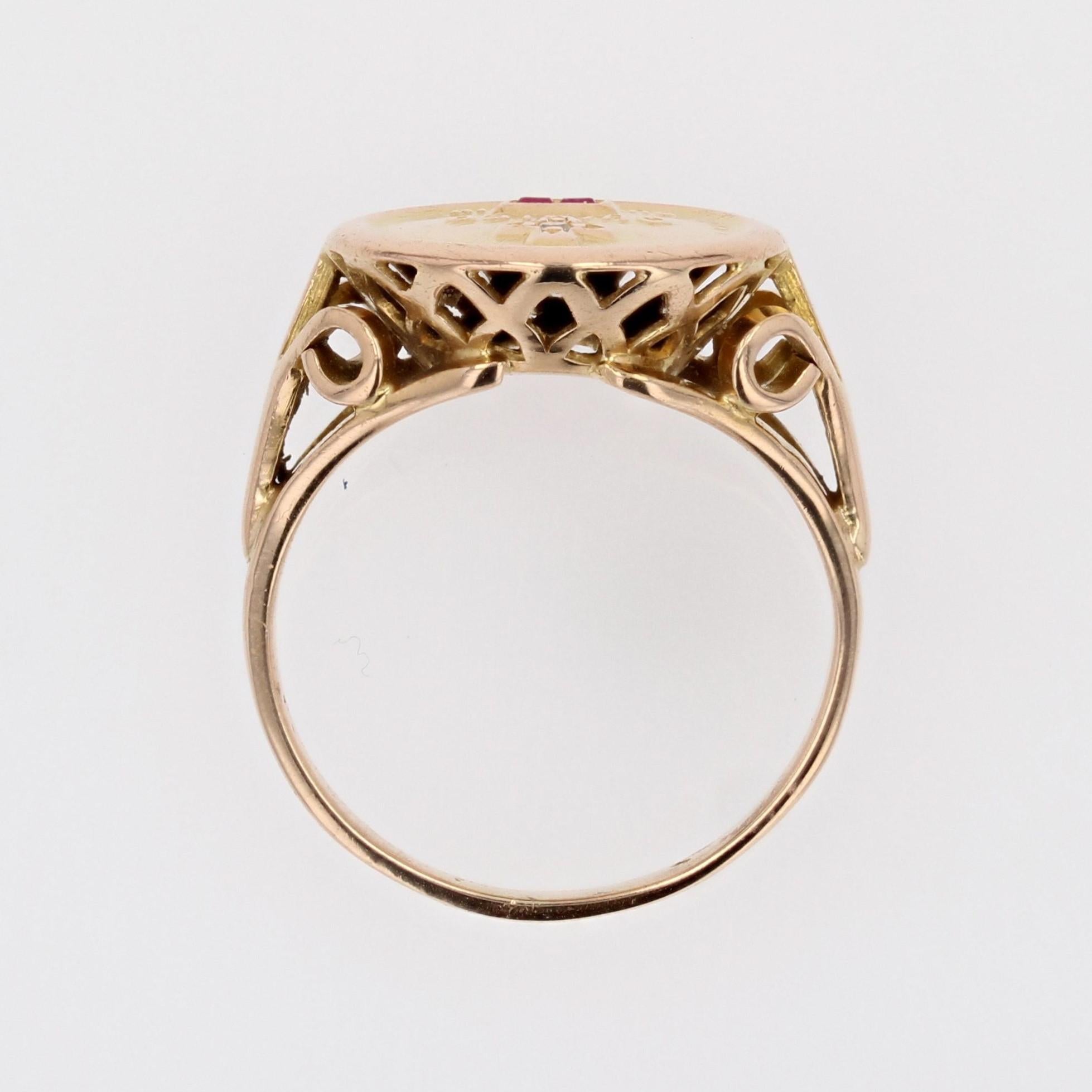 French 1960s Red Gems Diamond 18 Karat Yellow Gold Augis Ring For Sale 9