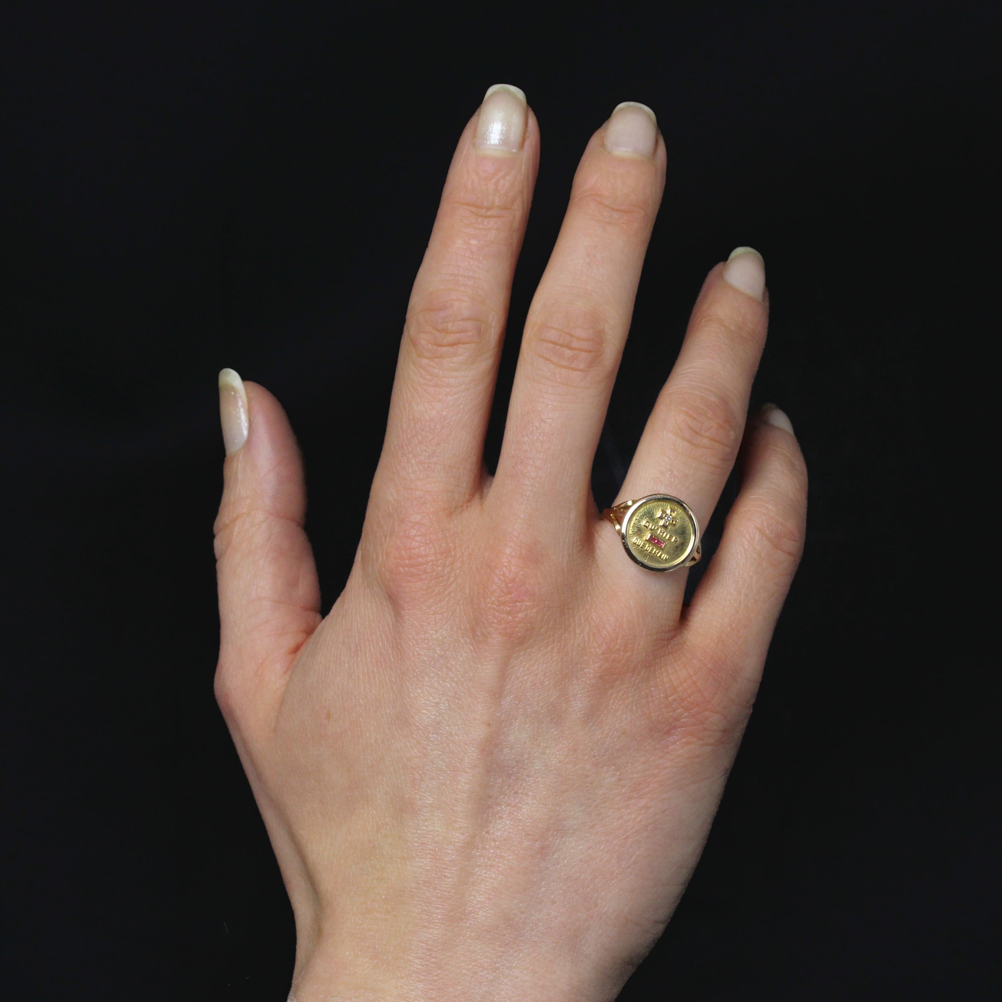 Brilliant Cut French 1960s Red Gems Diamond 18 Karat Yellow Gold Augis Ring For Sale